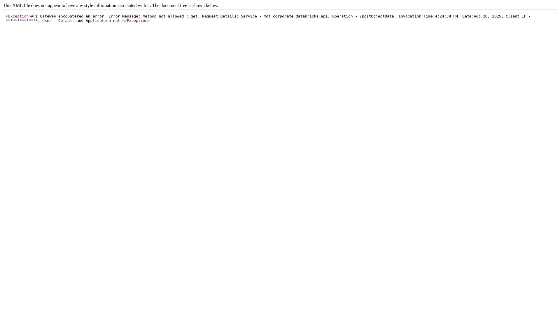 website screenshot of https://api-dev-us.medtronic.com/gateway/mdt_corporate_databricks_api/1.0/postObjectData