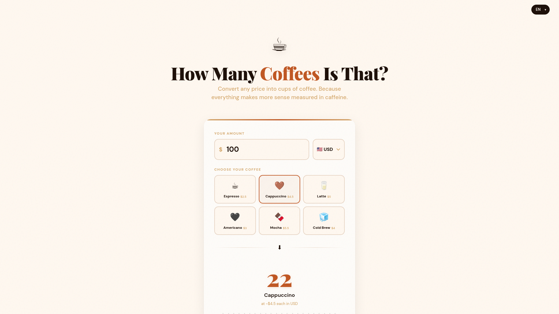 website screenshot of https://howmanycoffees.net/