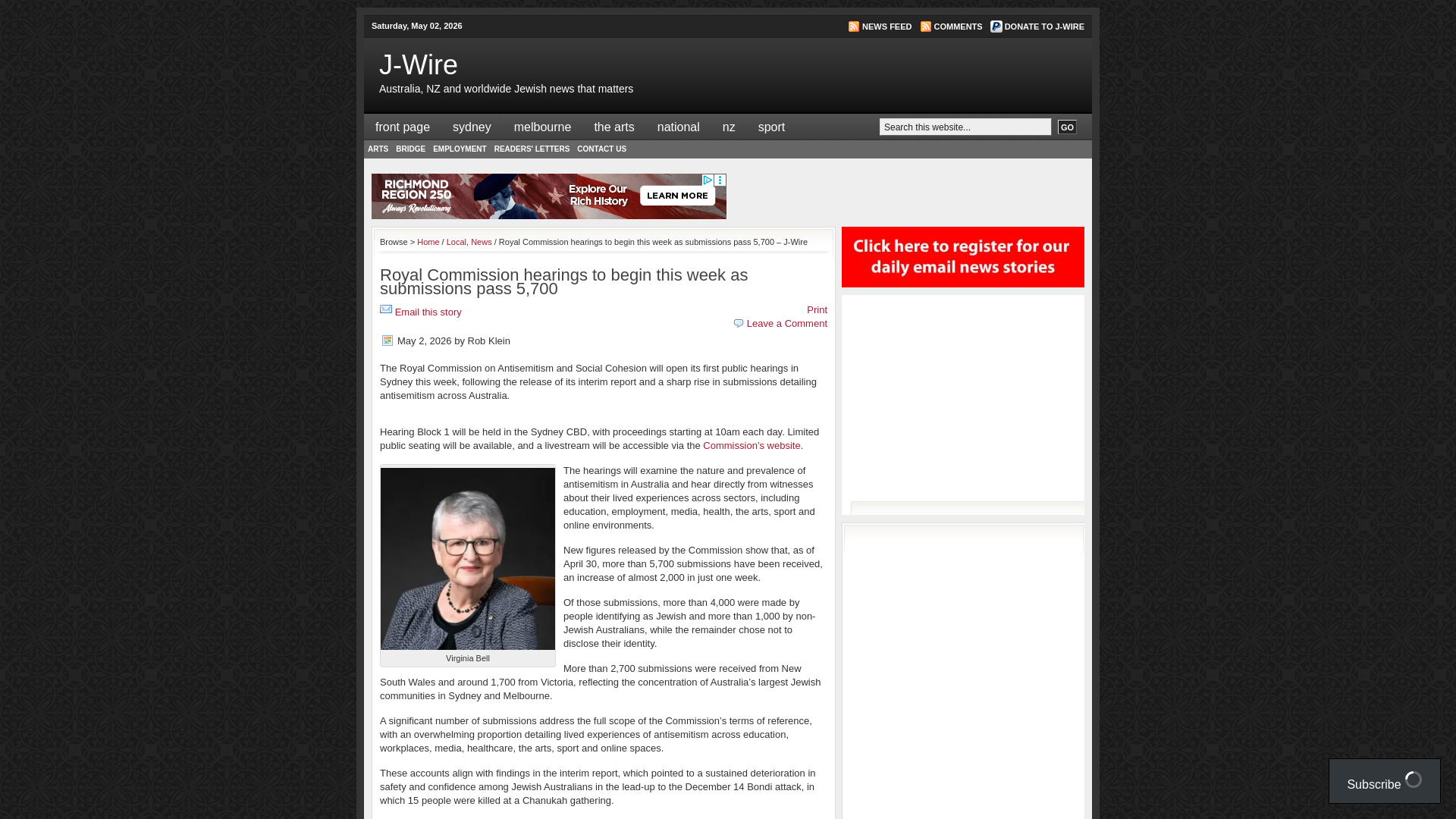 website screenshot of https://www.jwire.com.au/royal-commission-hearings-to-begin-this-week-as-submissions-pass-5700/