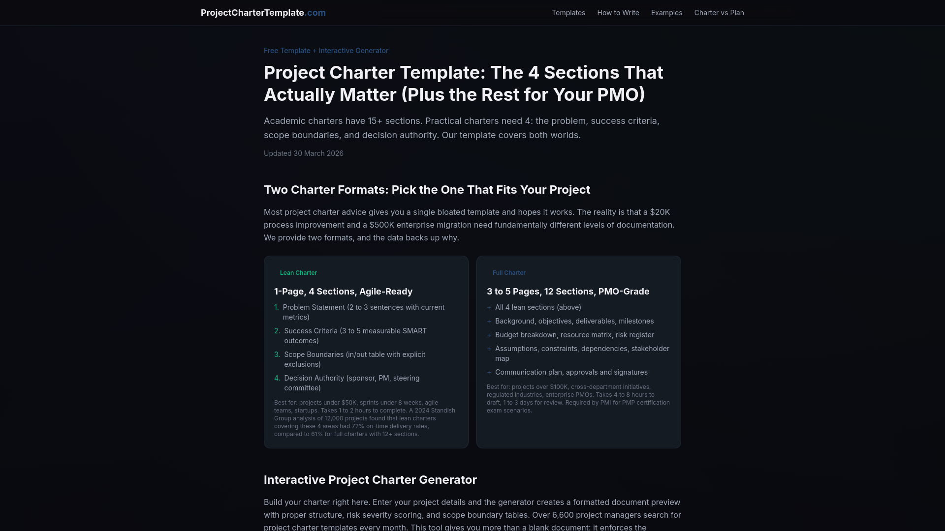 website screenshot of https://projectchartertemplate.com