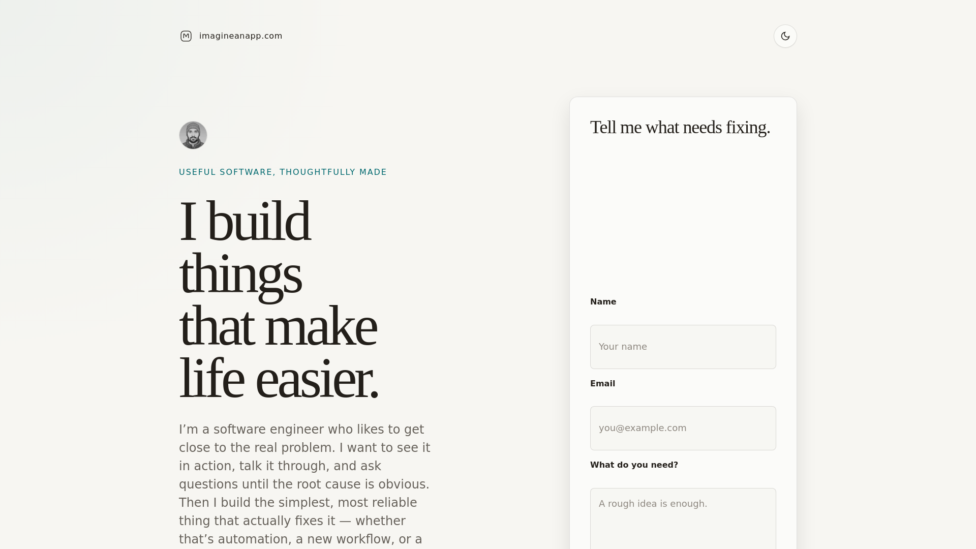 website screenshot of https://imagineanapp.com/