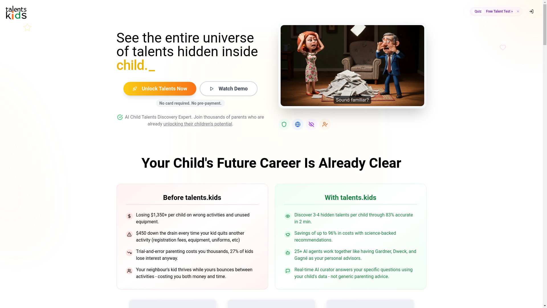 website screenshot of https://talentskids.org/