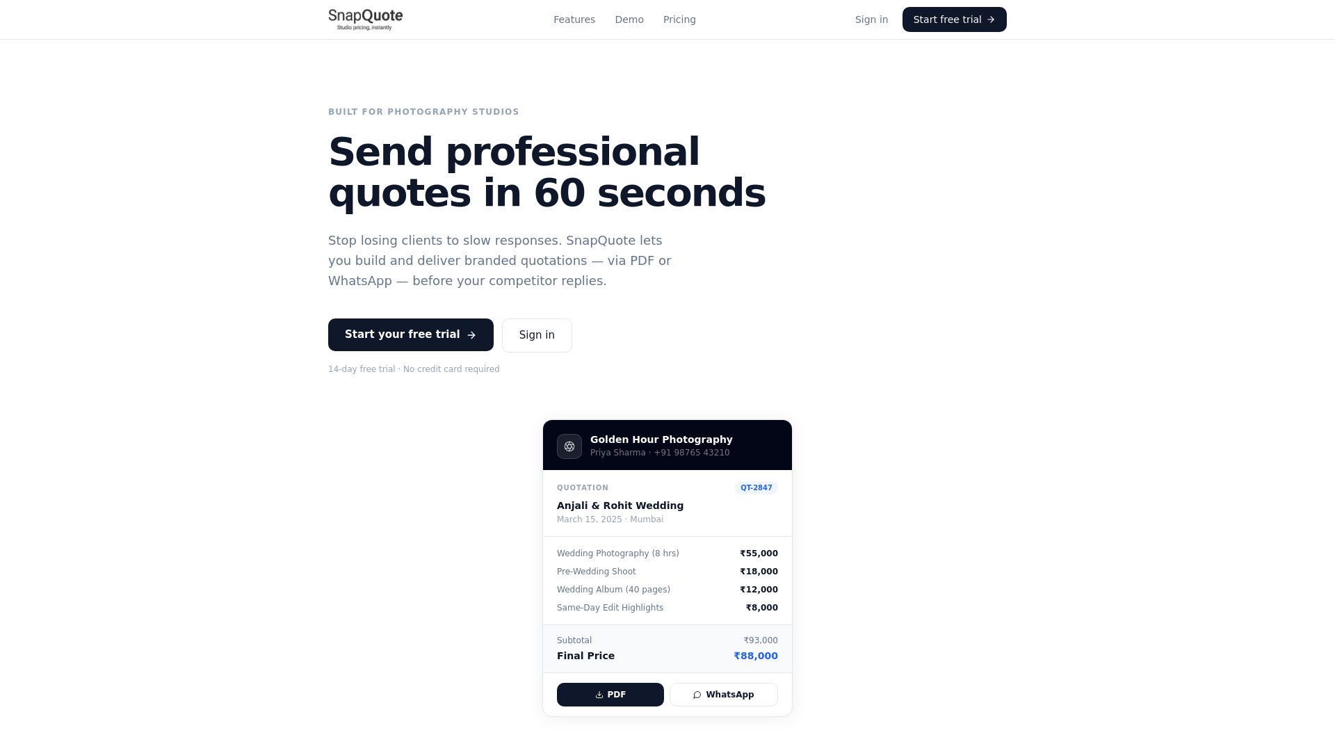 website screenshot of https://snapquote.in