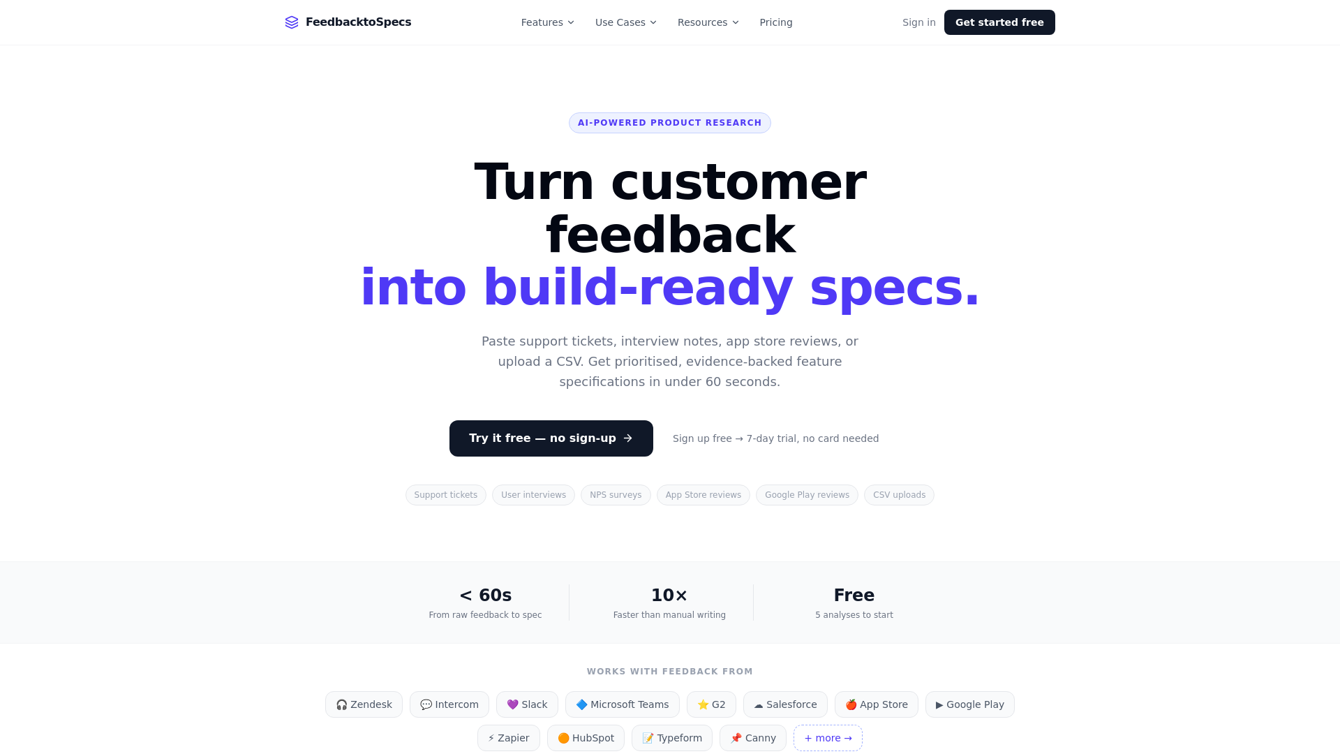 website screenshot of https://feedbacktospecs.com/