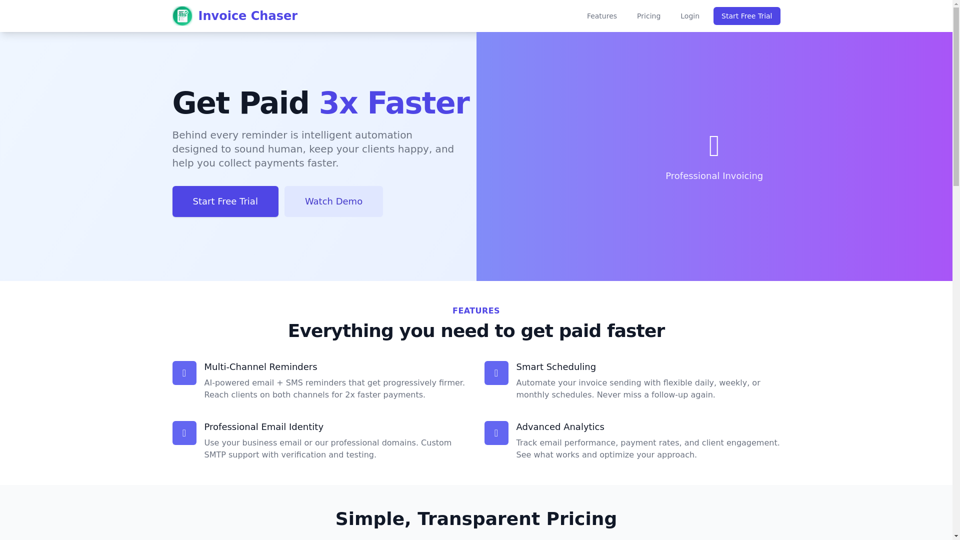 website screenshot of https://invoicechaser.me/