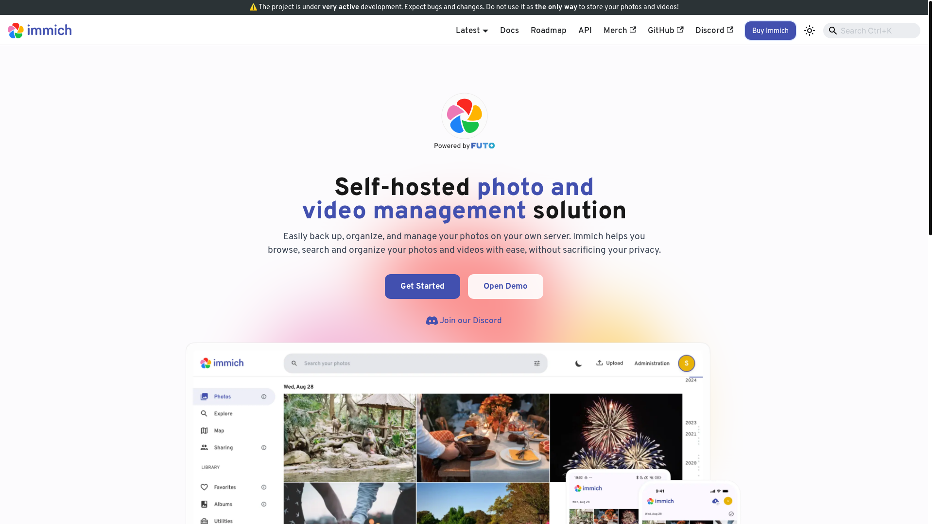 website screenshot of https://immich.app/