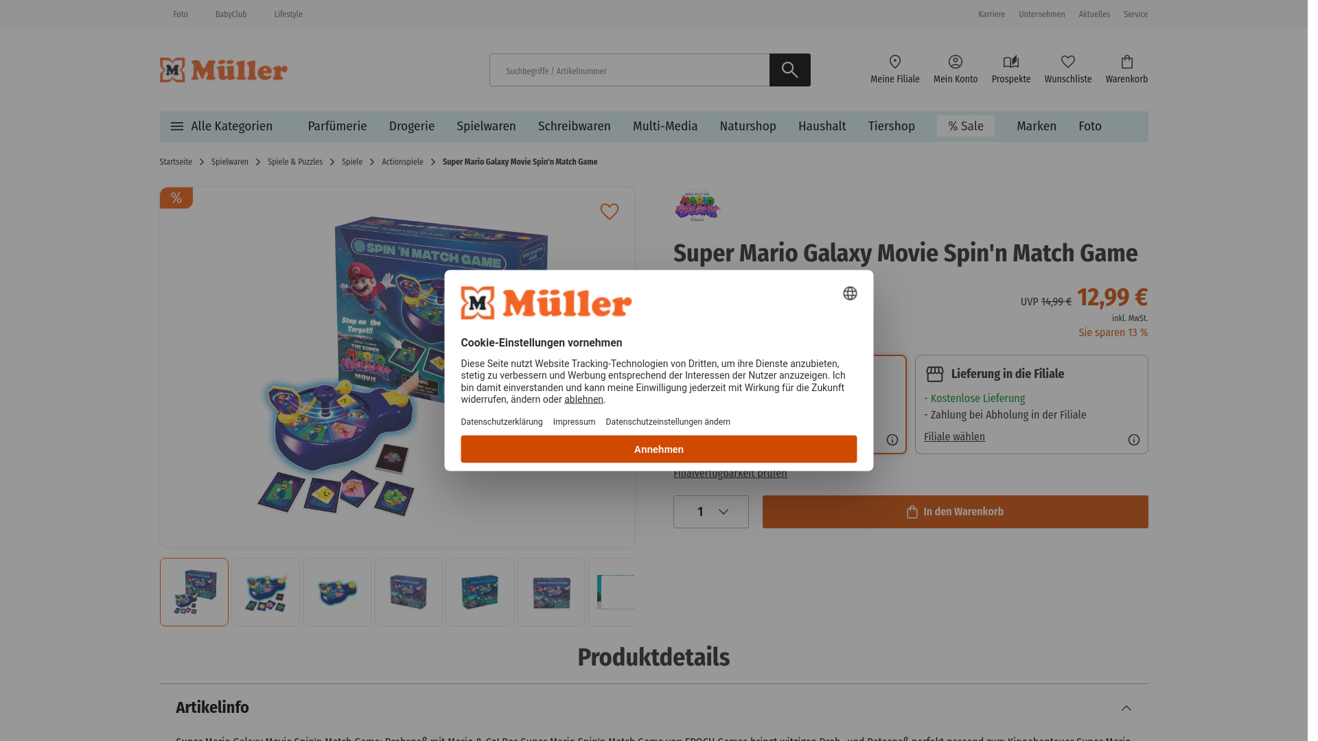 website screenshot of https://www.mueller.de/p/super-mario-galaxy-movie-spinn-match-game-PPN3173625/?originId=e1cbe2b4-fa3d-4c1d-8c4a-5496651366f8&originType=product_list&utm_source=referral&utm_medium=cpc_extern&utm_campaign=all_universal_supermariogalaxymovie_campaign_meta&fbclid=PAdGRleARB6UZleHRuA2FlbQEwAGFkaWQBqy3yqQI4cHNydGMGYXBwX2lkDzEyNDAyNDU3NDI4NzQxNAABp2VeBJ2dXRoJG-LroTGWzQsKlUPeq4Y6R6Ew-oXl8WCxO8gB6D2BRg1-8_69_aem_0zx3e0jIiGdpzCOuHlwmnw