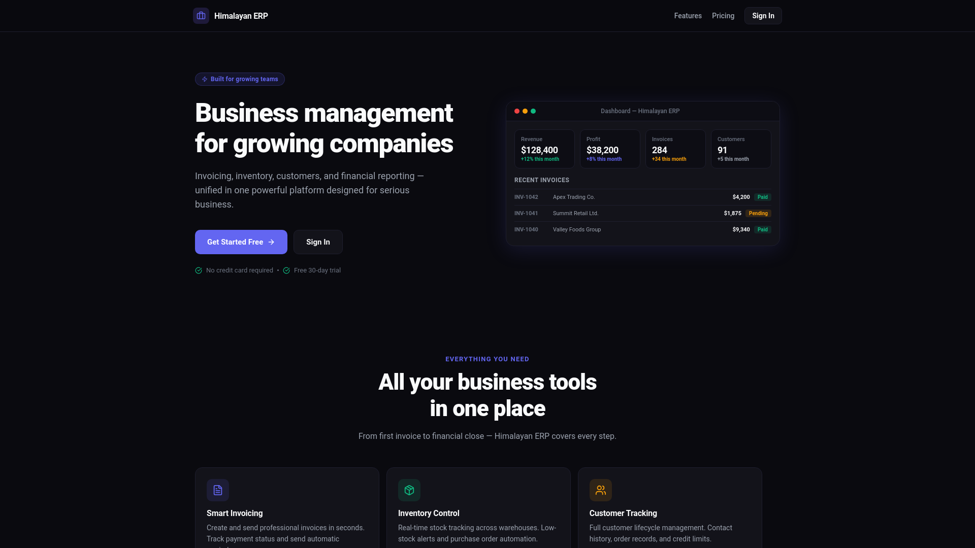 website screenshot of https://himalayan-erp.com/