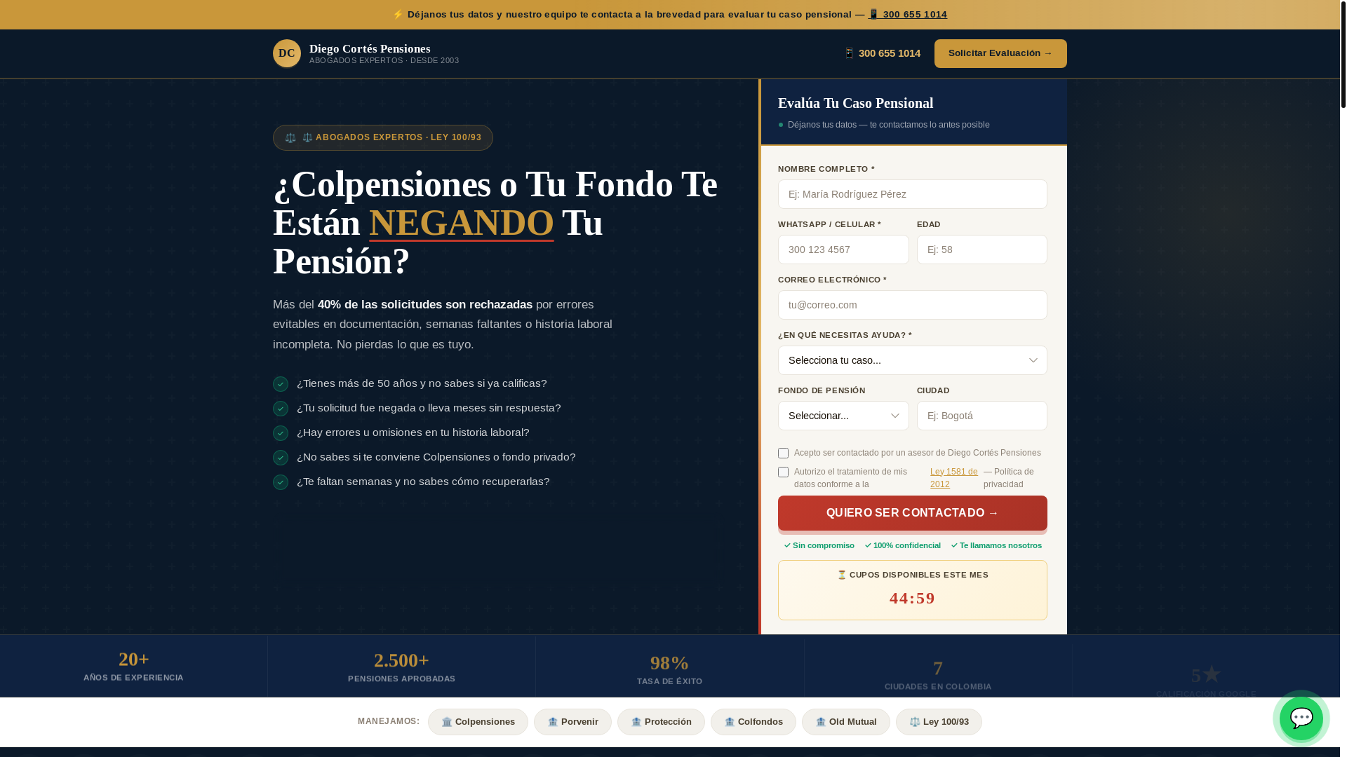 website screenshot of https://diegocortespensiones.co/