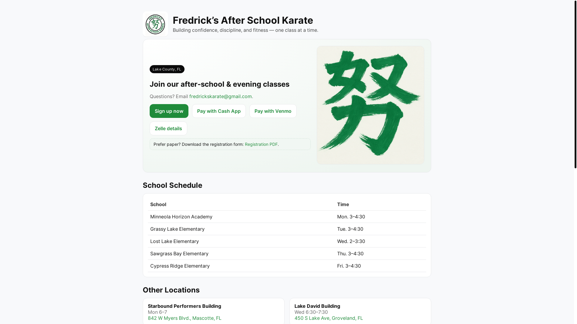 website screenshot of https://fredrickskarate.com/