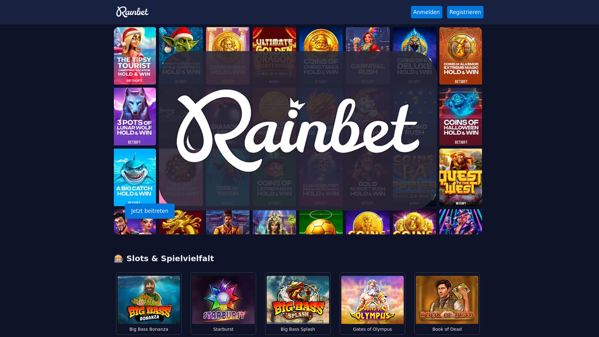 website screenshot of https://rainbetcasinode.com/