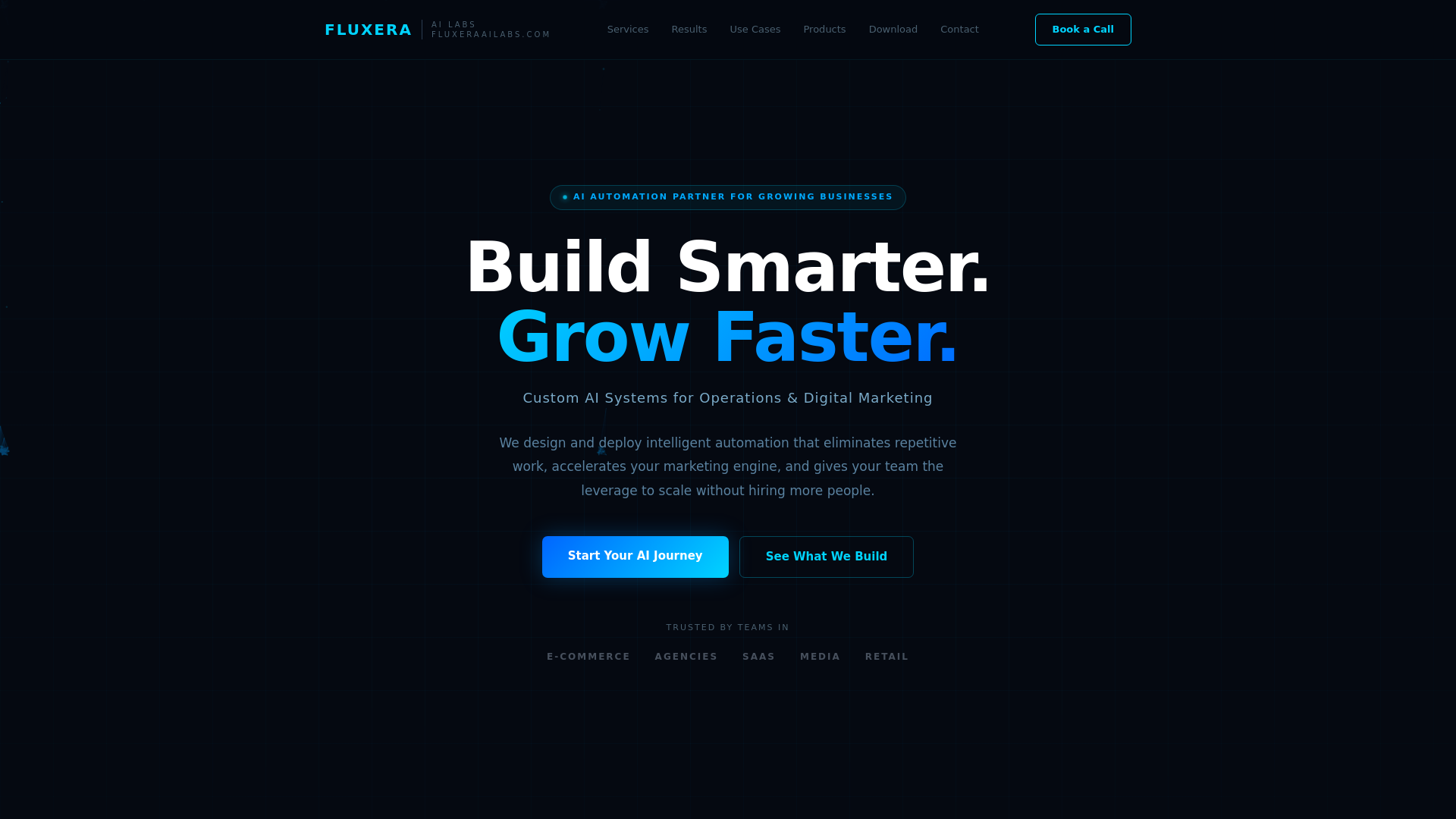 website screenshot of https://fluxeraailabs.com/