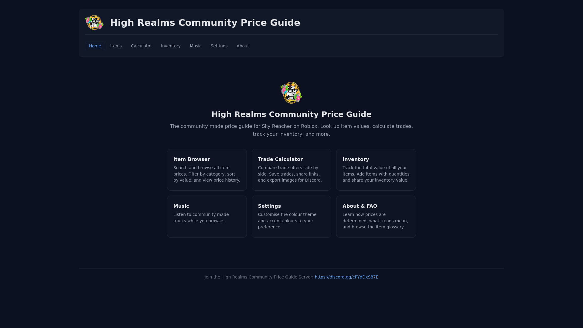 website screenshot of https://high-realms-community-price-guide.pages.dev/