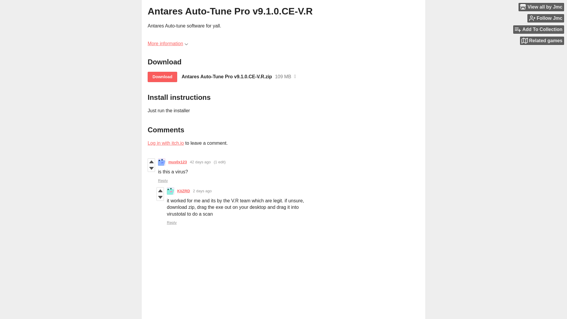 website screenshot of https://jmcin.itch.io/antares-auto-tune-pro-v910ce-vr