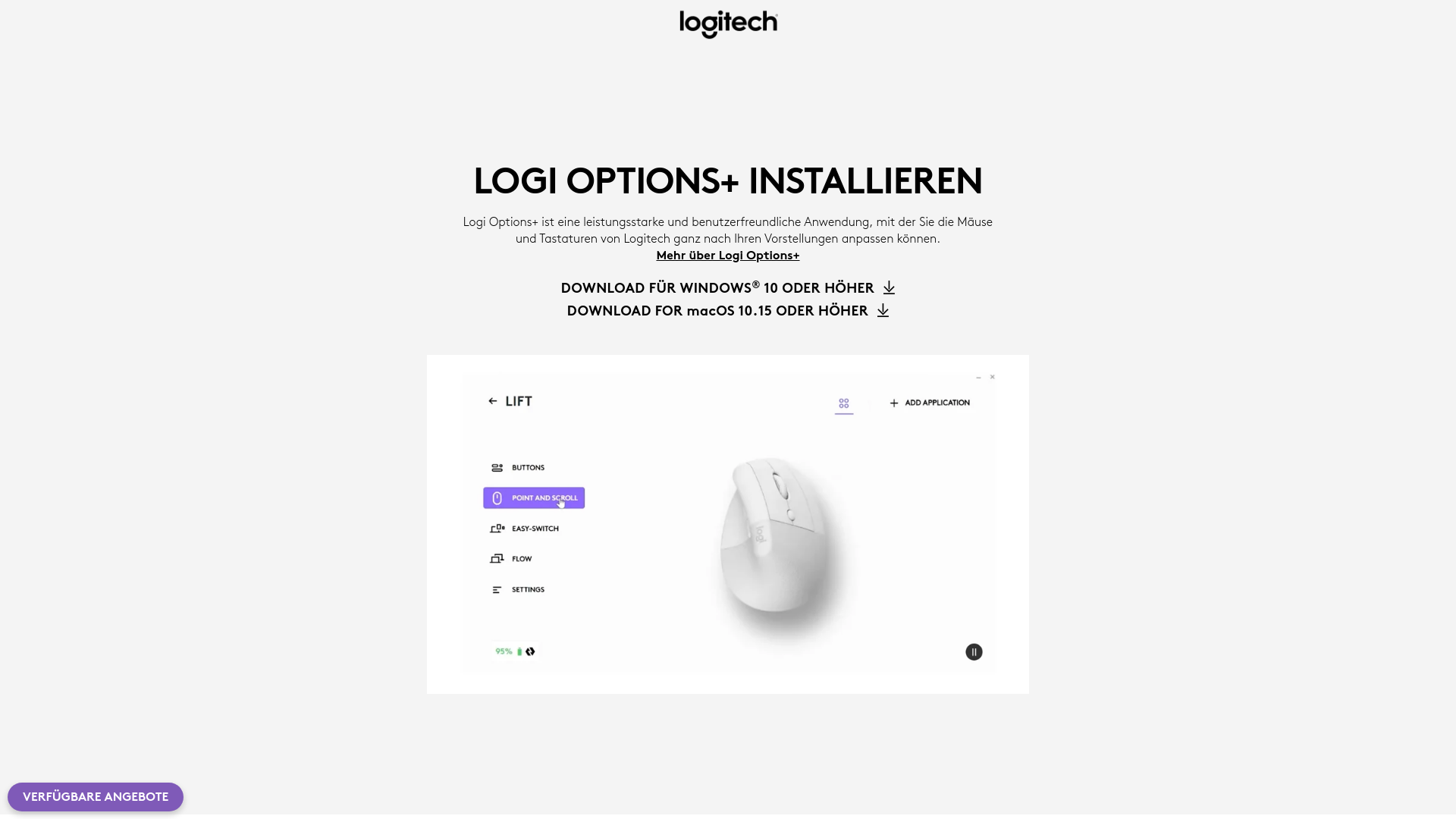 website screenshot of https://www.logitech.com/de-de/setup/ergosetup/logi-options.html