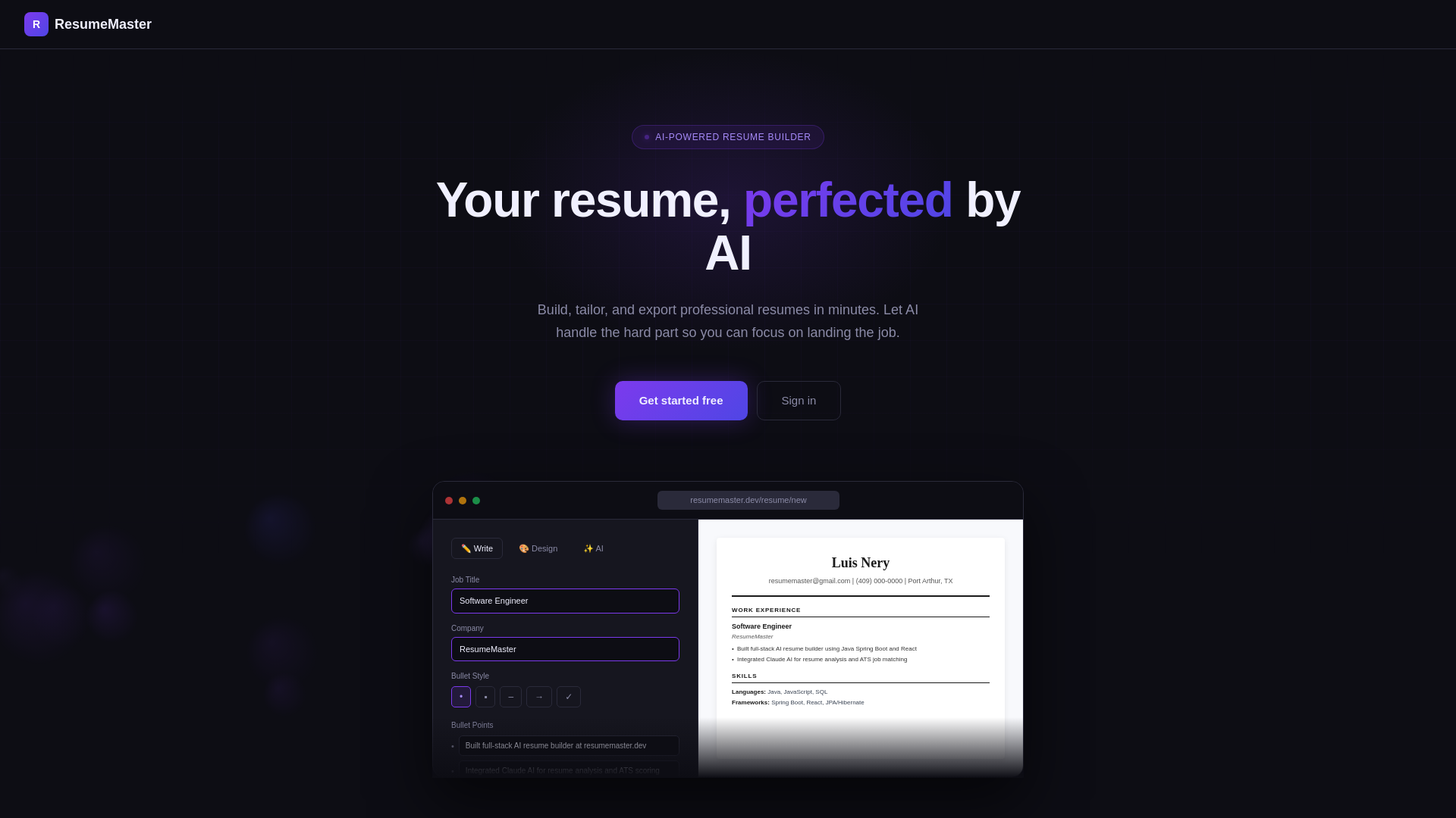 website screenshot of https://resumemaster.dev
