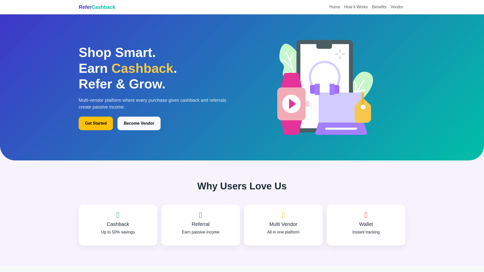 website screenshot of https://refercashback.in/