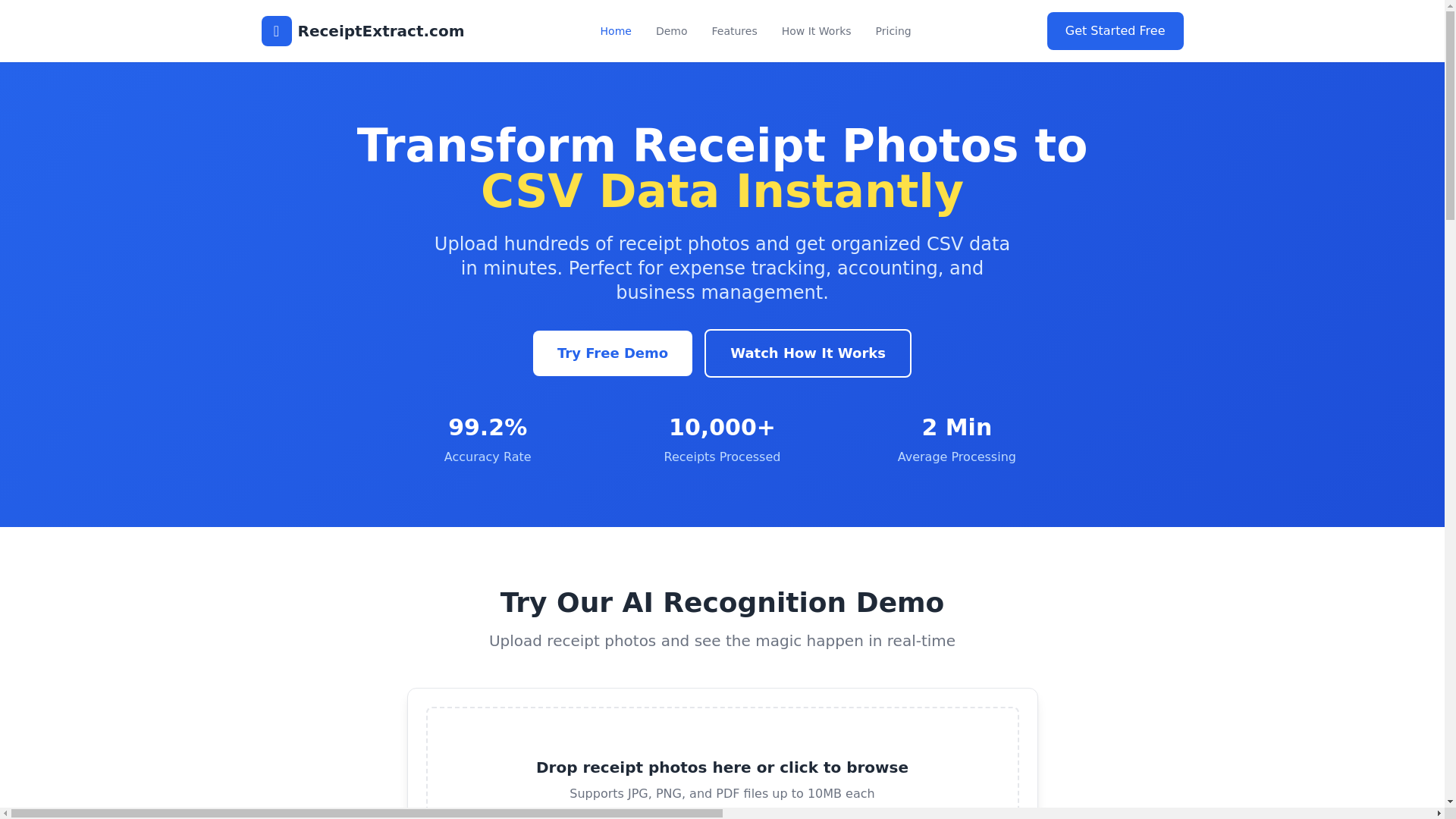 website screenshot of https://receiptextract.com/
