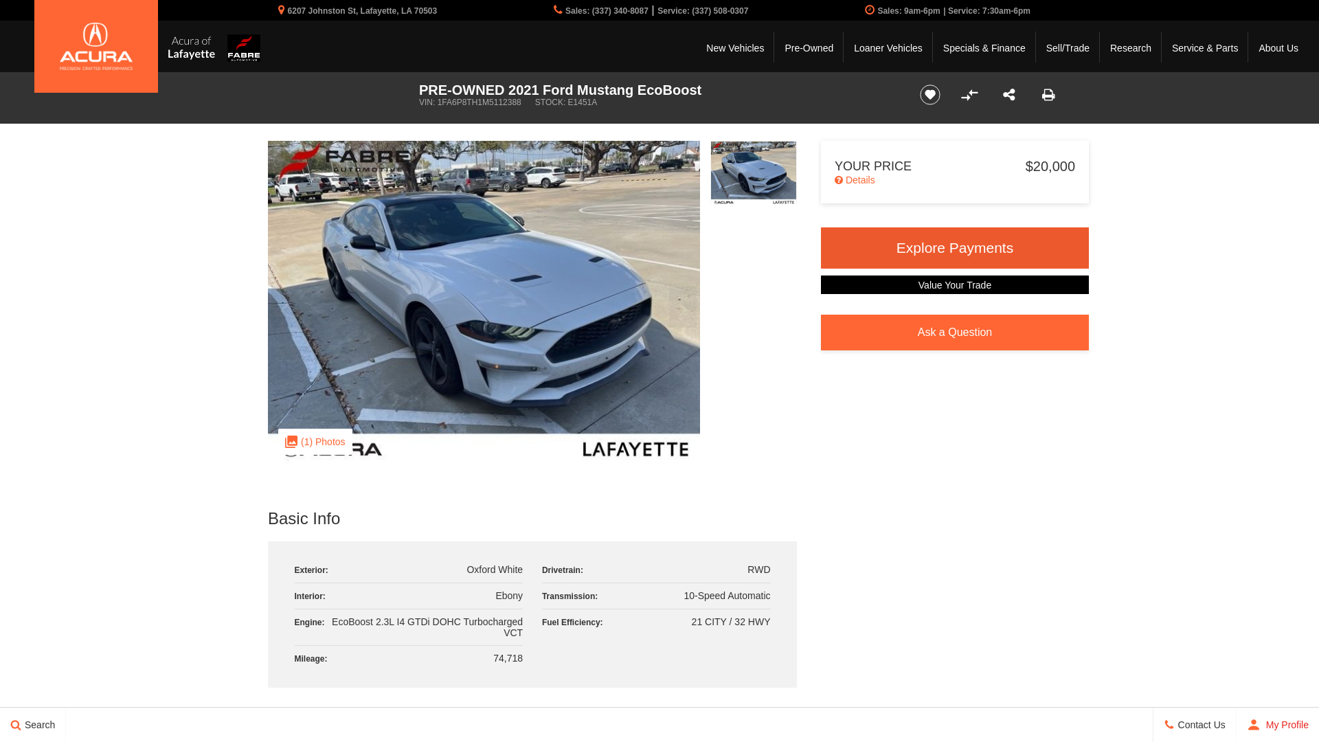 website screenshot of https://www.acuraoflafayette.com/inventory/used-2021-ford-mustang-ecoboost-rwd-2d-coupe-1fa6p8th1m5112388/