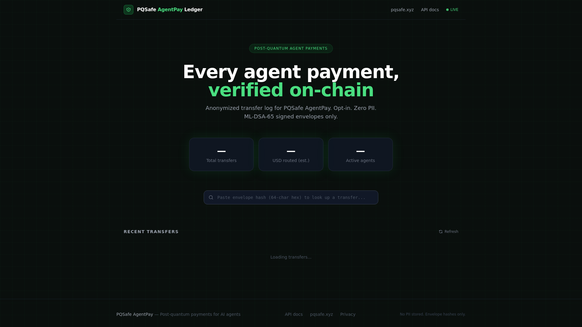 website screenshot of https://pqsafe-ledger.pages.dev/