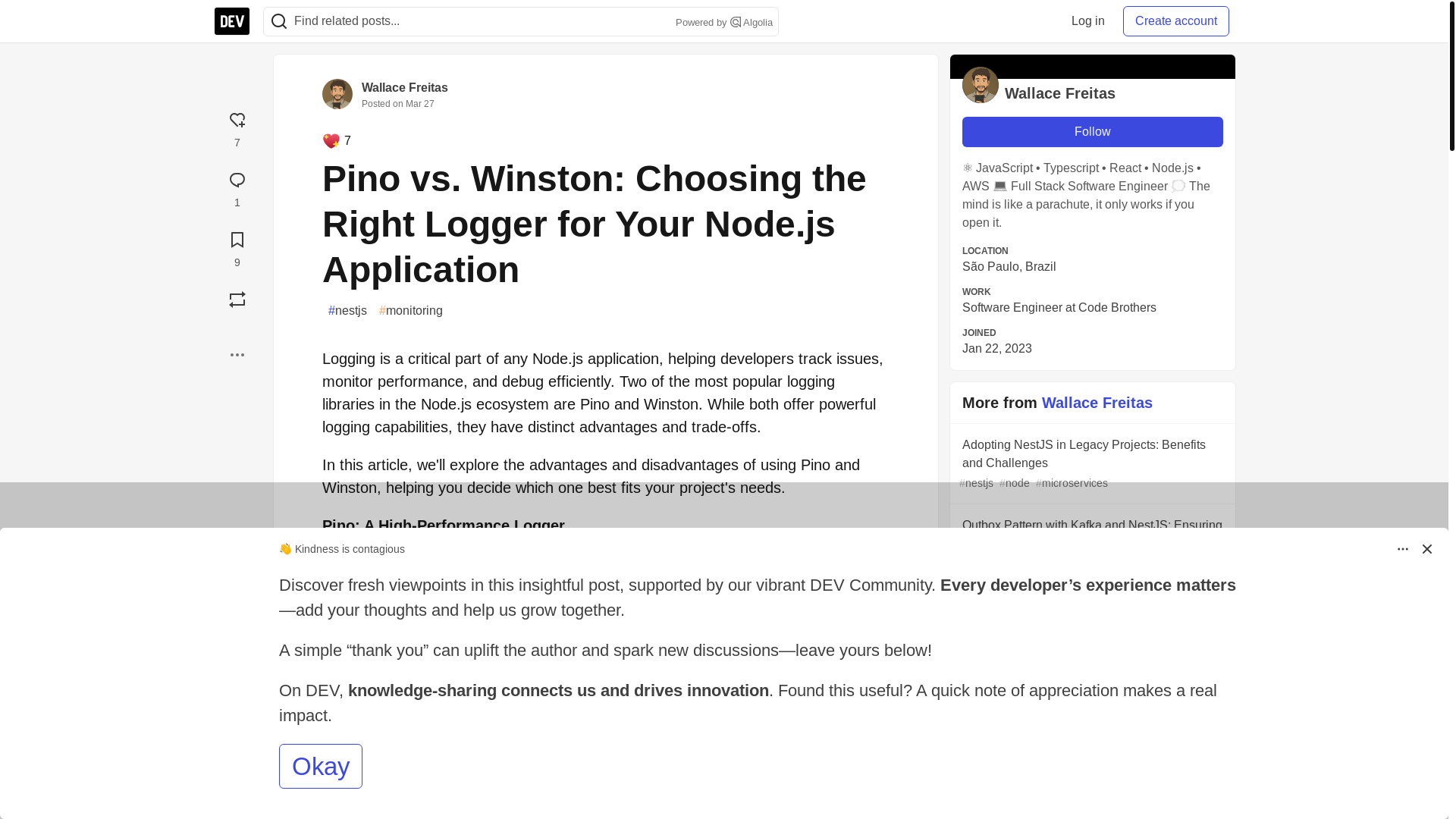 website screenshot of https://dev.to/wallacefreitas/pino-vs-winston-choosing-the-right-logger-for-your-nodejs-application-369n