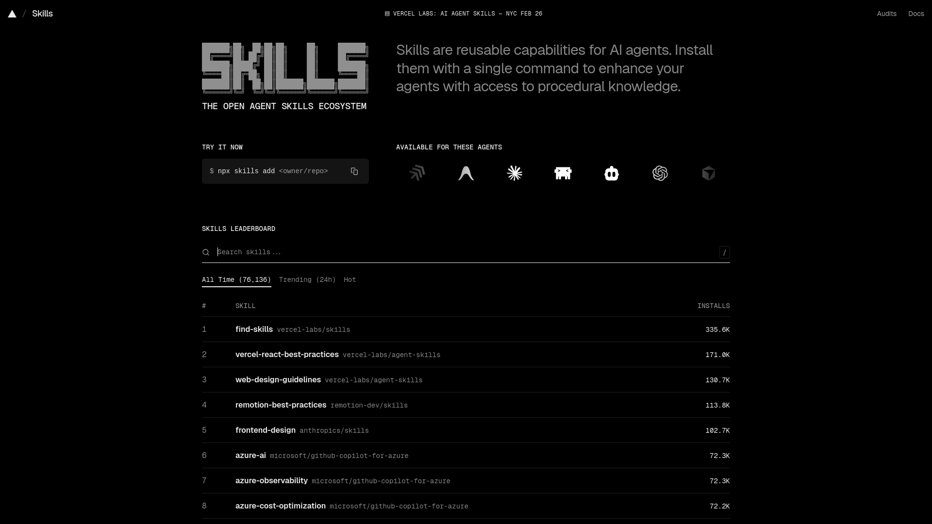 website screenshot of https://skills.sh/