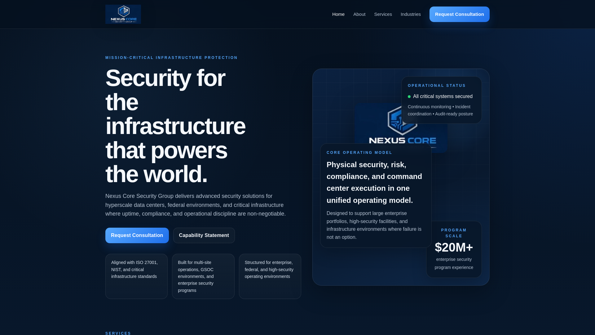 website screenshot of https://nexuscoresecurity.com