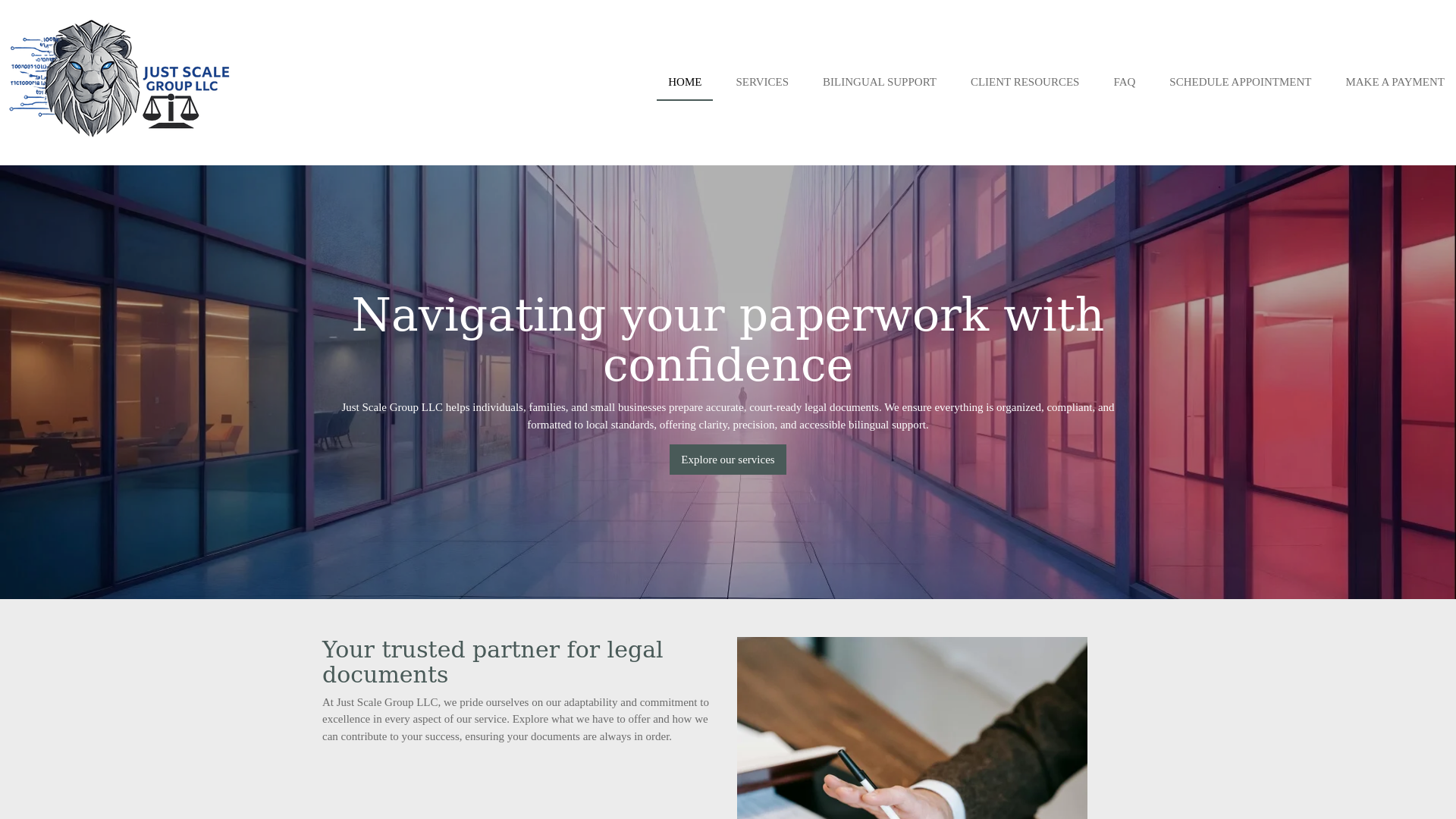 website screenshot of https://justscalegroupllc.com