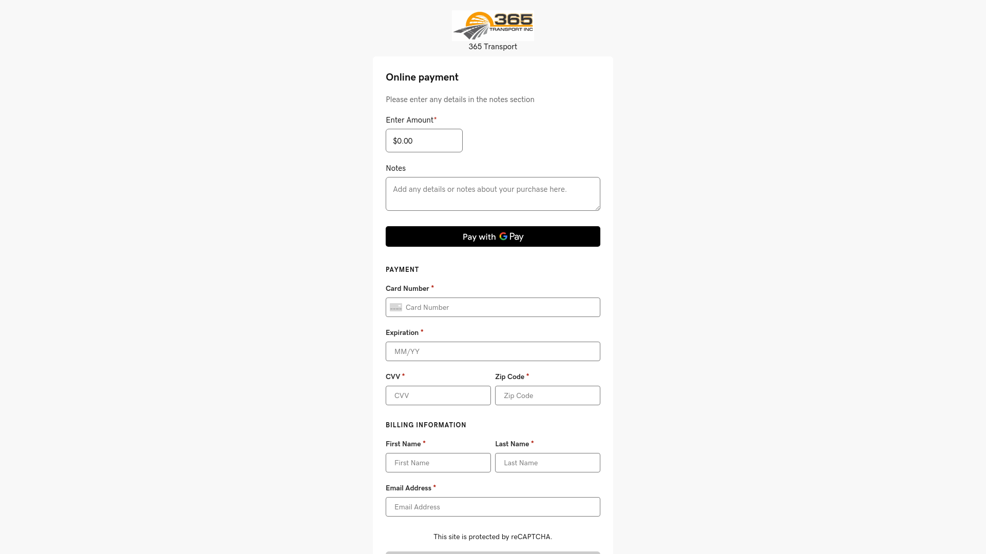website screenshot of https://pay.365transport.us