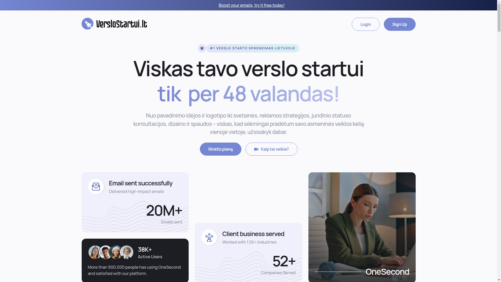website screenshot of https://verslostartui.lt/