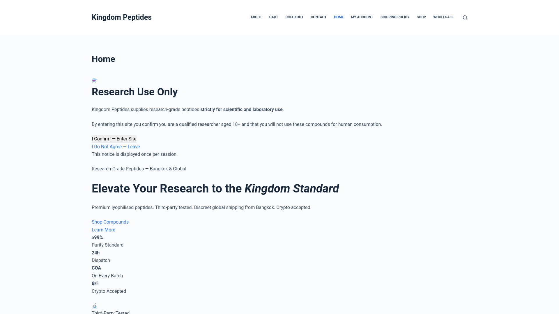 website screenshot of https://kingdompeptides.cc