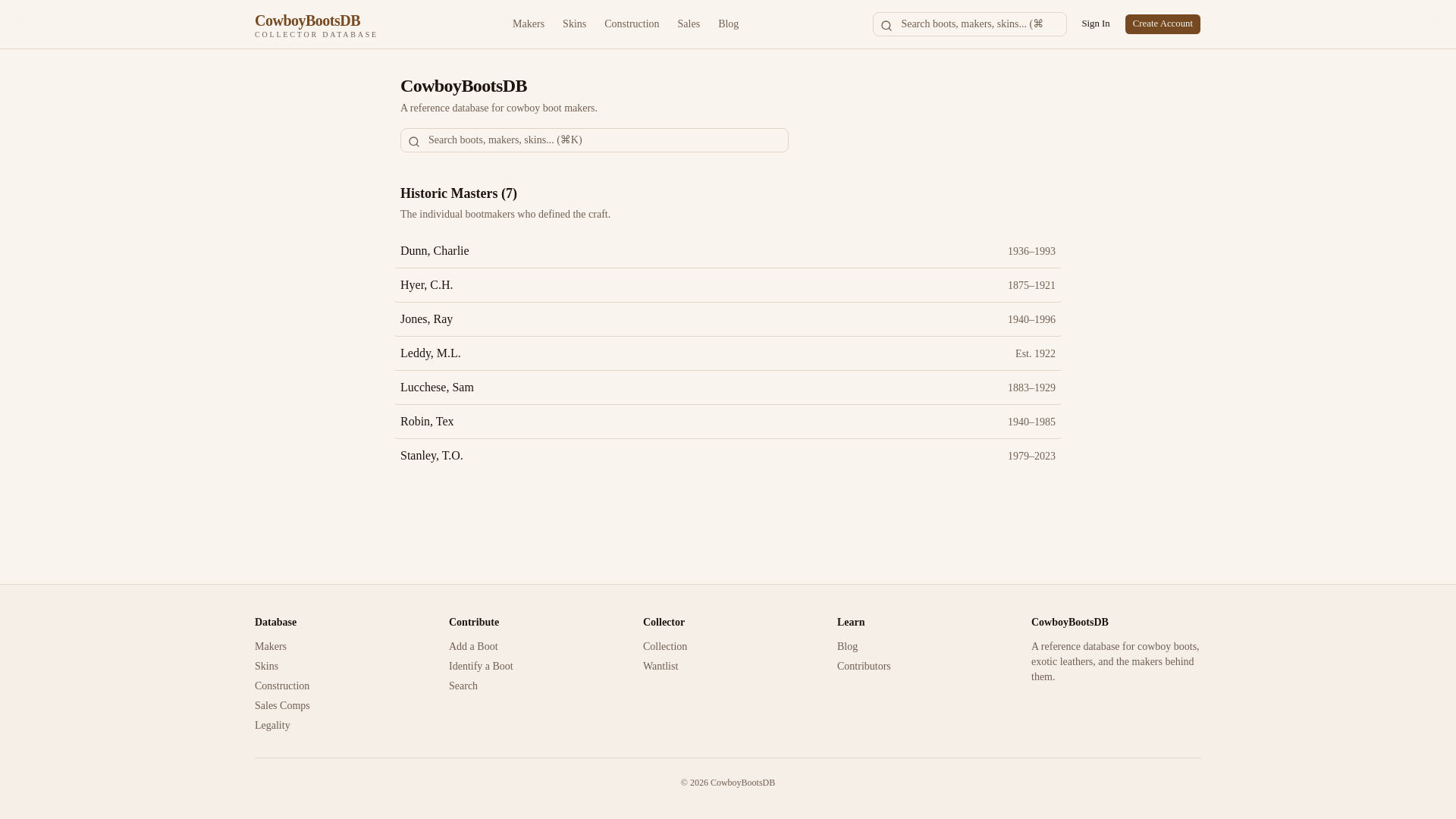 website screenshot of https://cowboybootsdb.com/