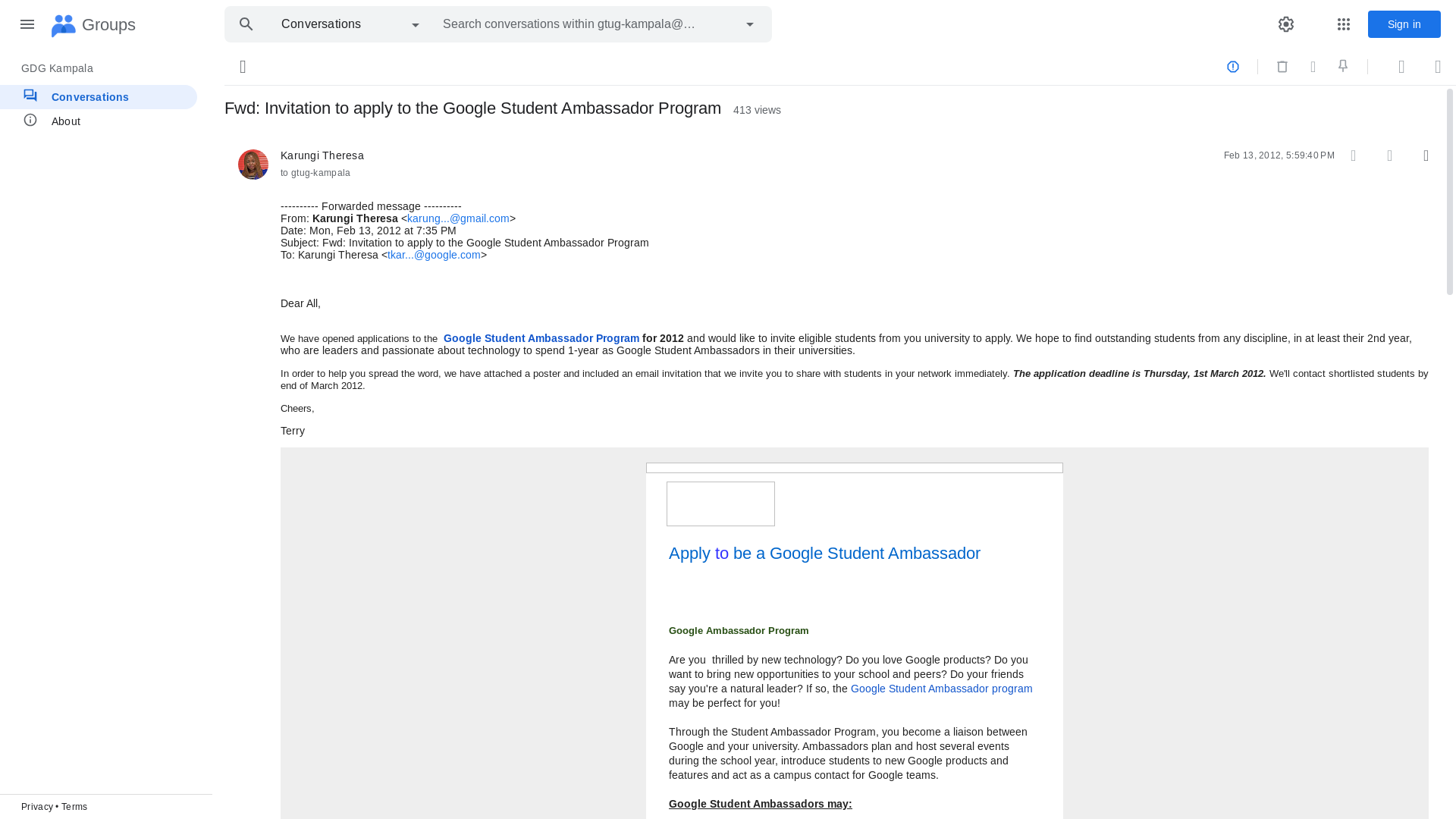 website screenshot of https://groups.google.com/g/gtug-kampala/c/c2TBJY5aoDo?pli=1