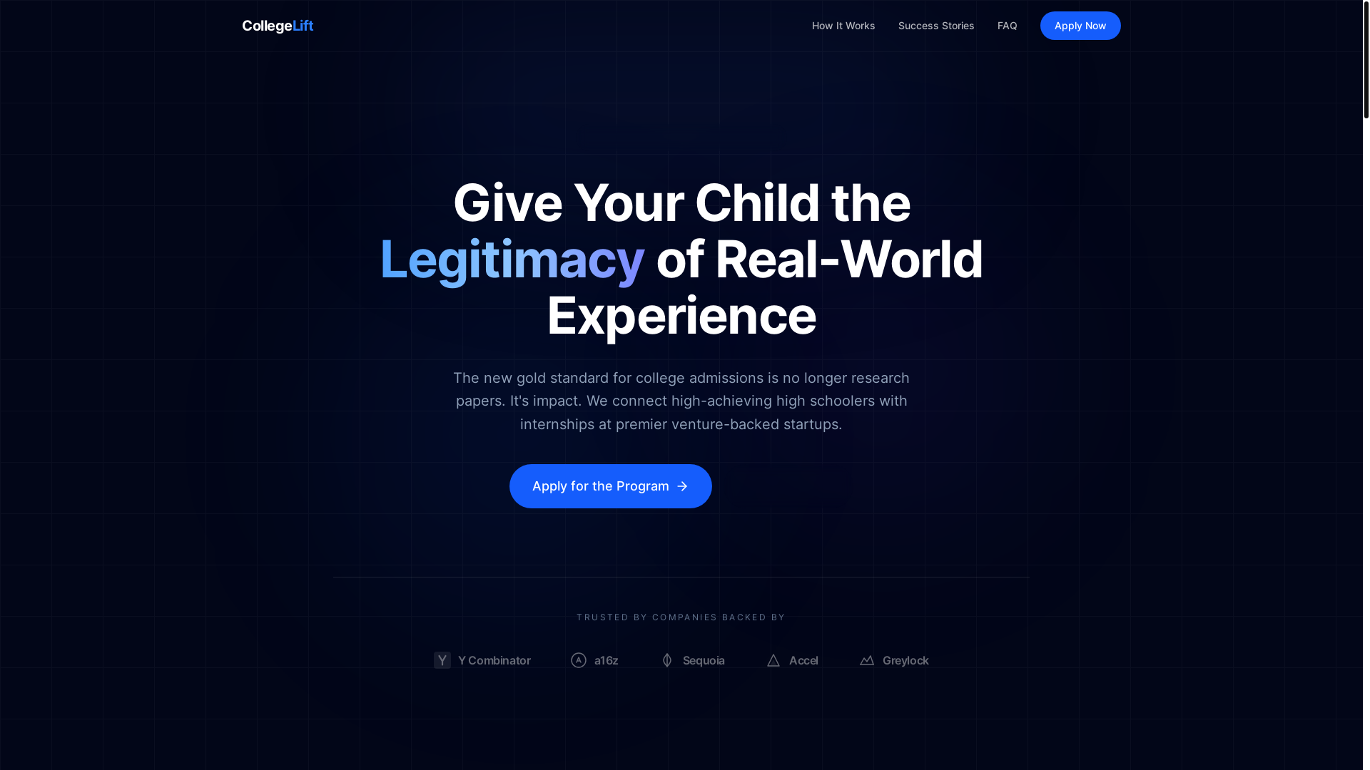 website screenshot of https://collegelift.org/