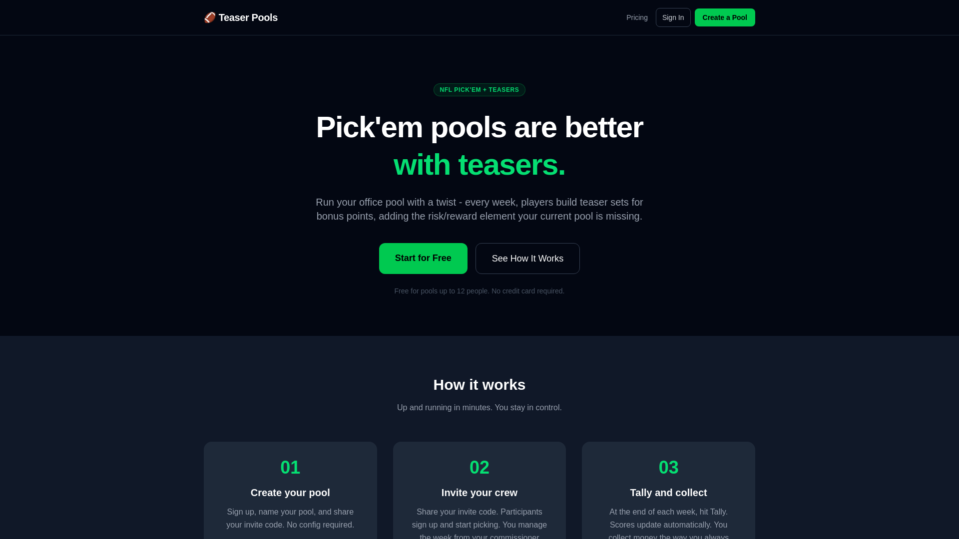 website screenshot of https://teaserpools.com