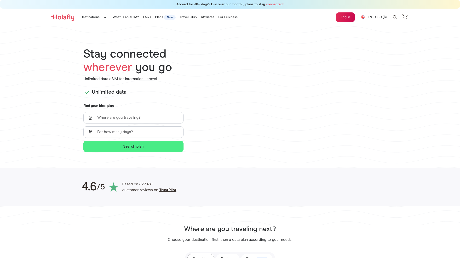 website screenshot of https://esim.holafly.com