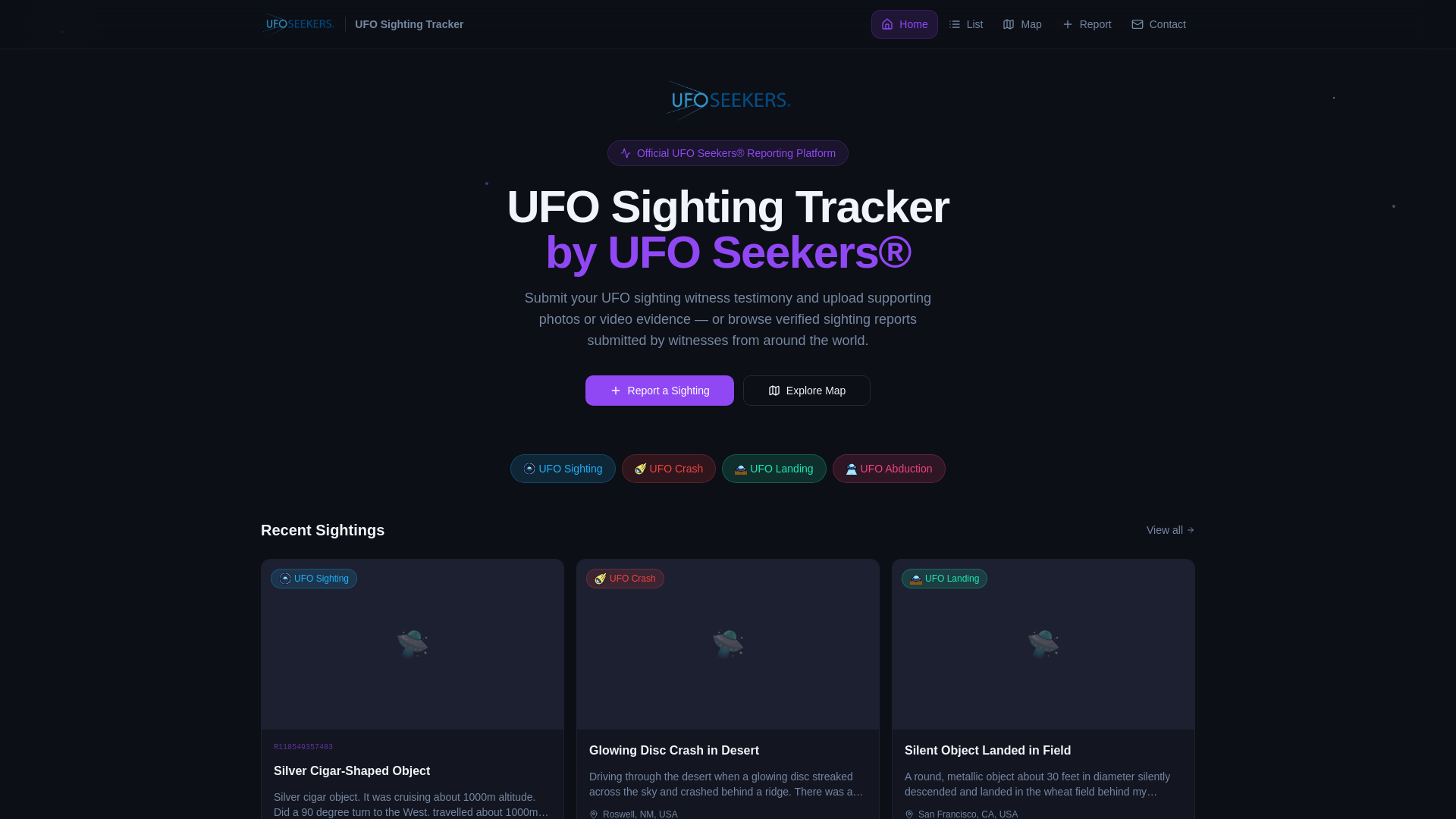 website screenshot of https://ufosightingtracker.com/