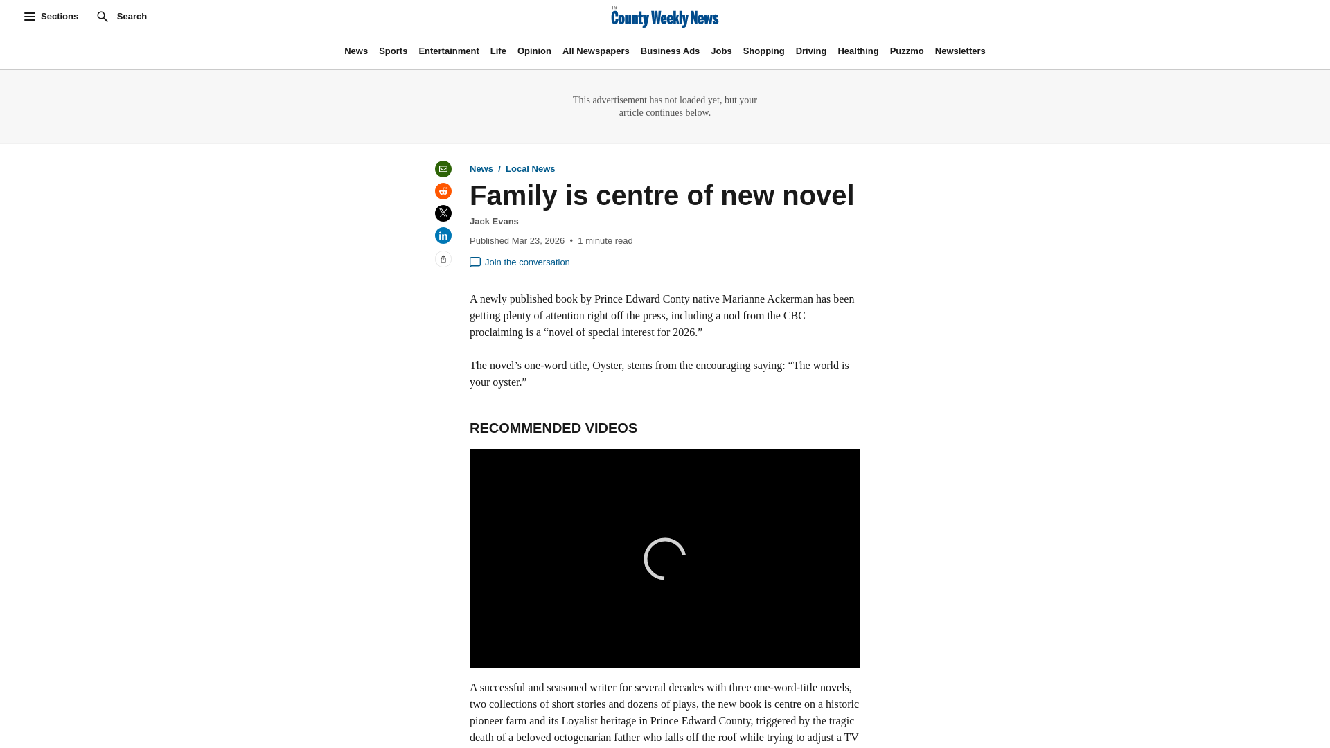 website screenshot of https://www.countyweeklynews.ca/news/local-news/family-is-centre-of-new-novel