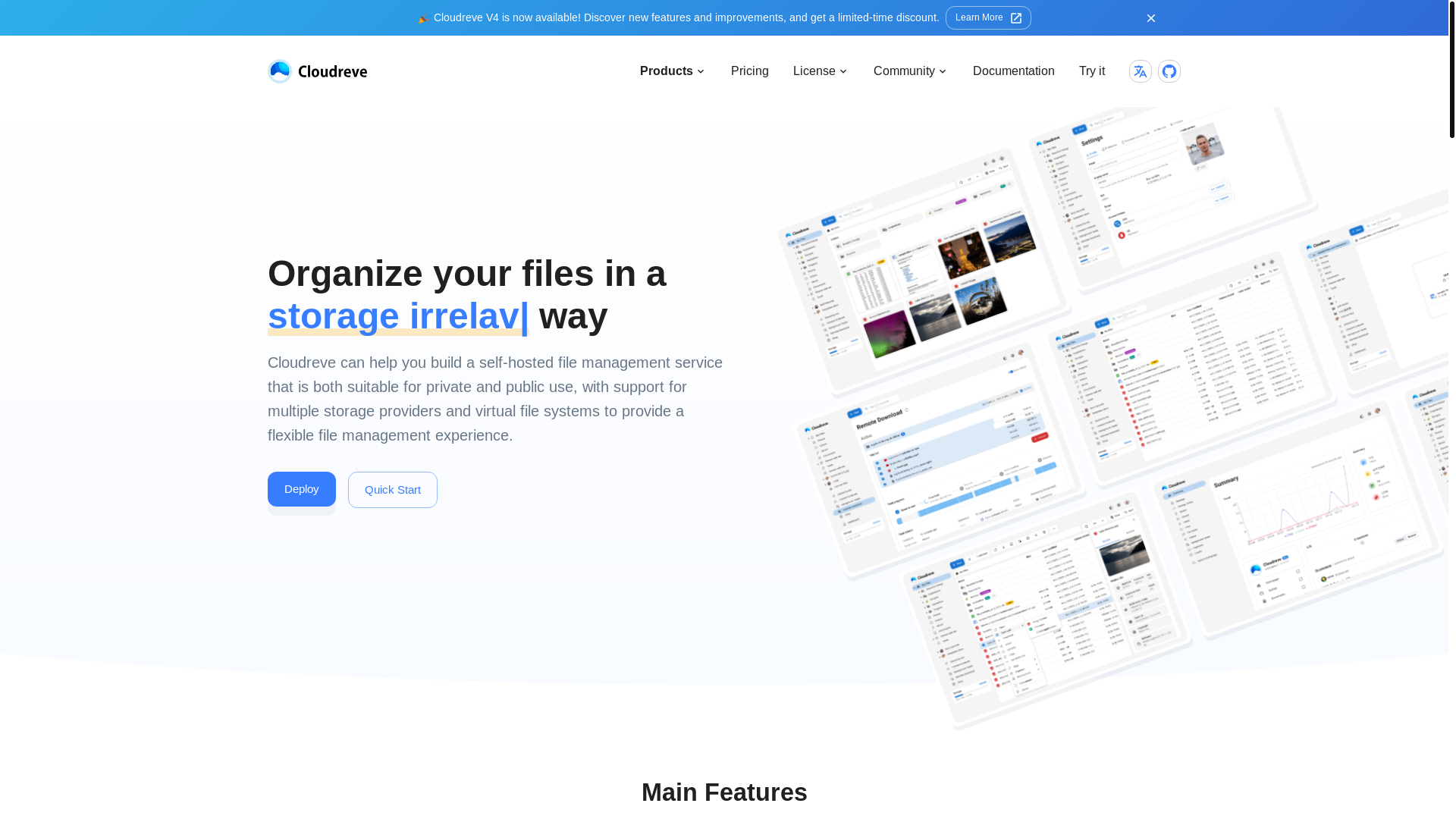 website screenshot of https://cloudreve.org