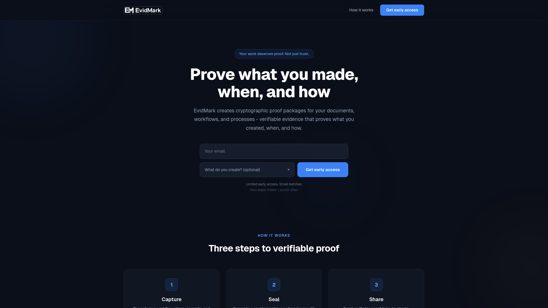 website screenshot of https://getevidmark.com/