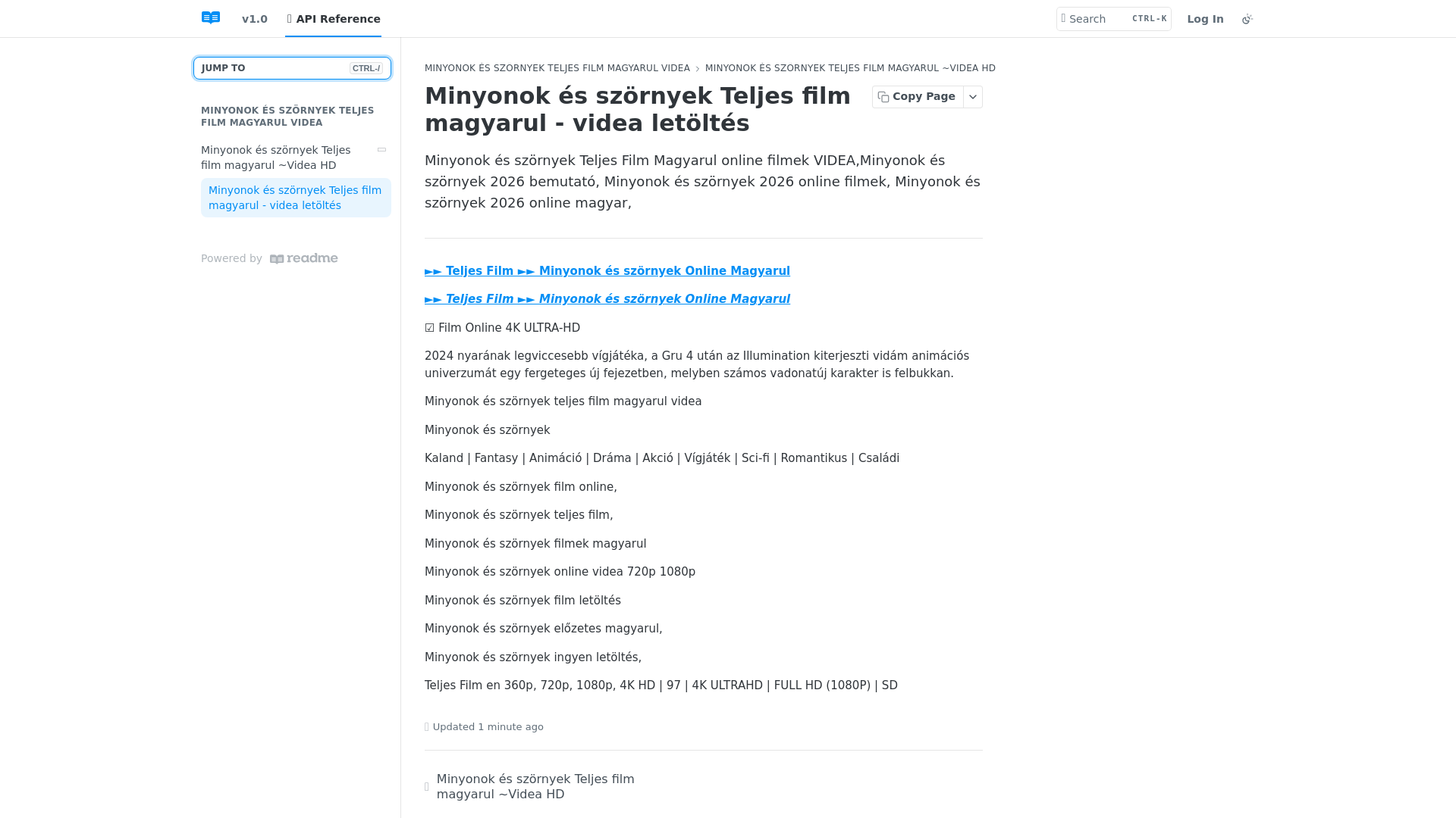 website screenshot of https://minyonok-es-szornyek.readme.io/reference/minyonokesszornyekmagyarul