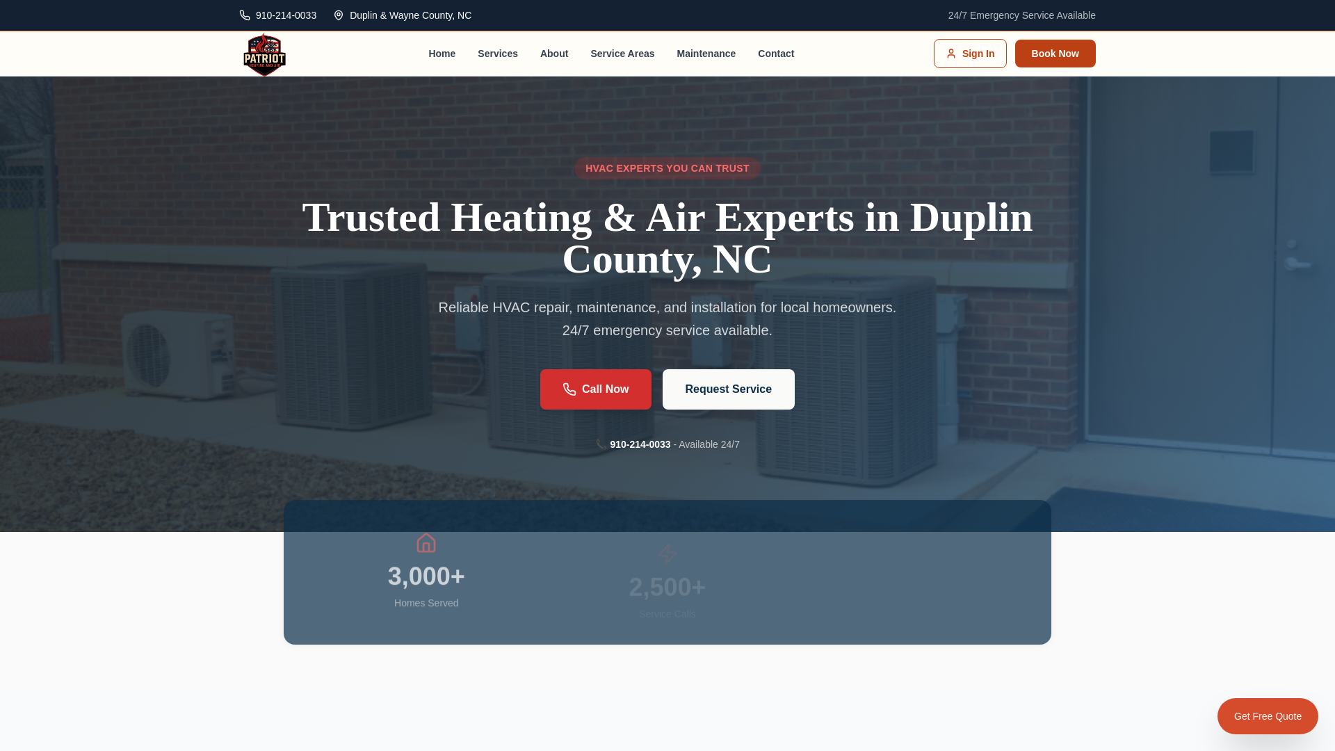 website screenshot of https://patriotheatingandairnc.com/