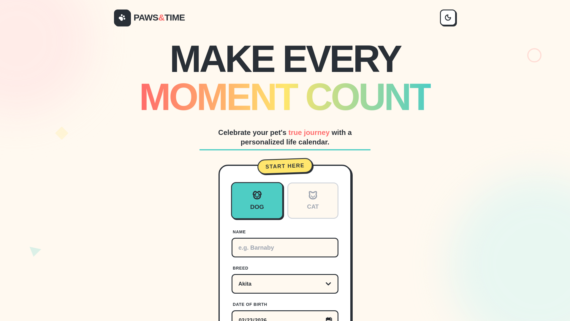 website screenshot of https://pawsandtime.com/