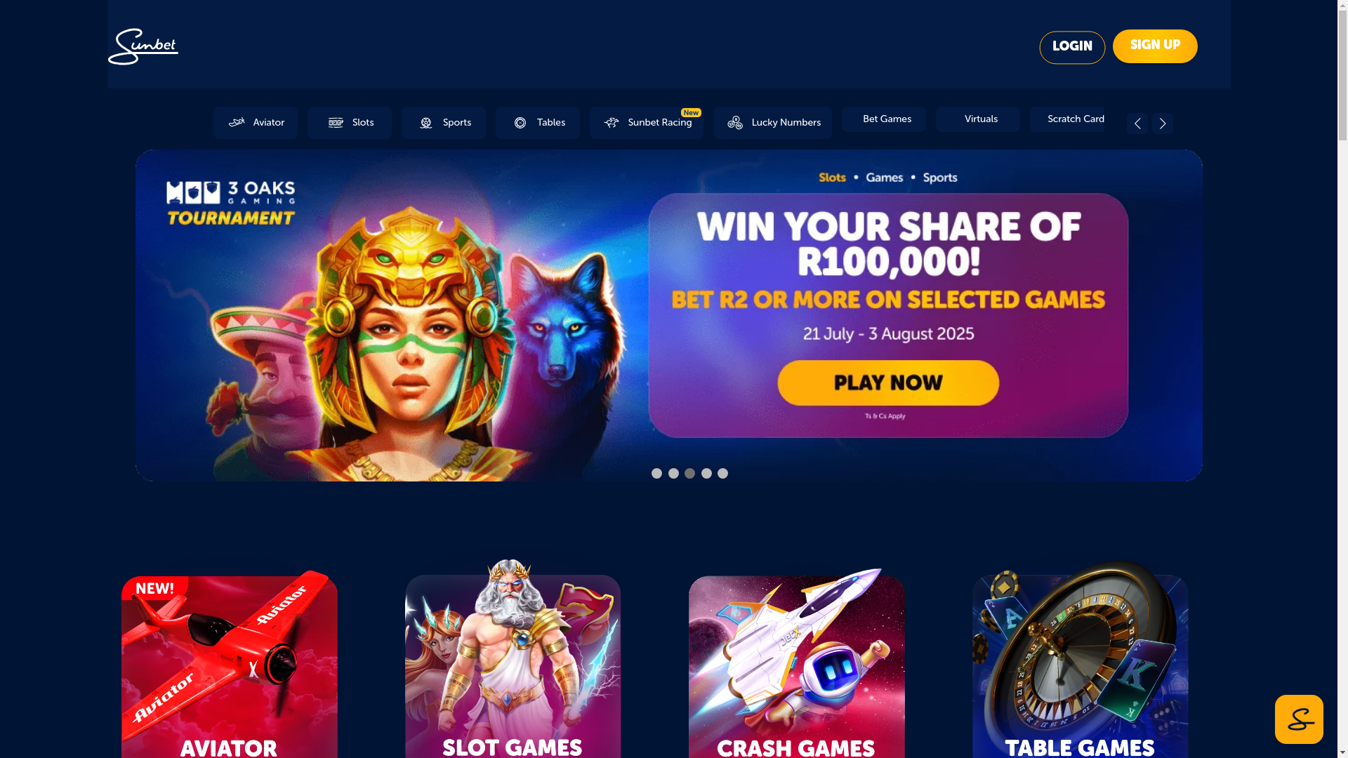 website screenshot of https://sunbet.co.za/