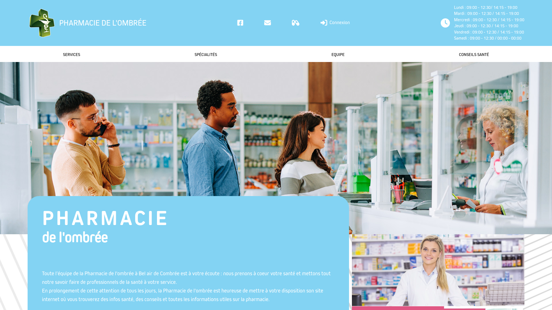 website screenshot of https://pharmaciedelombree.fr/