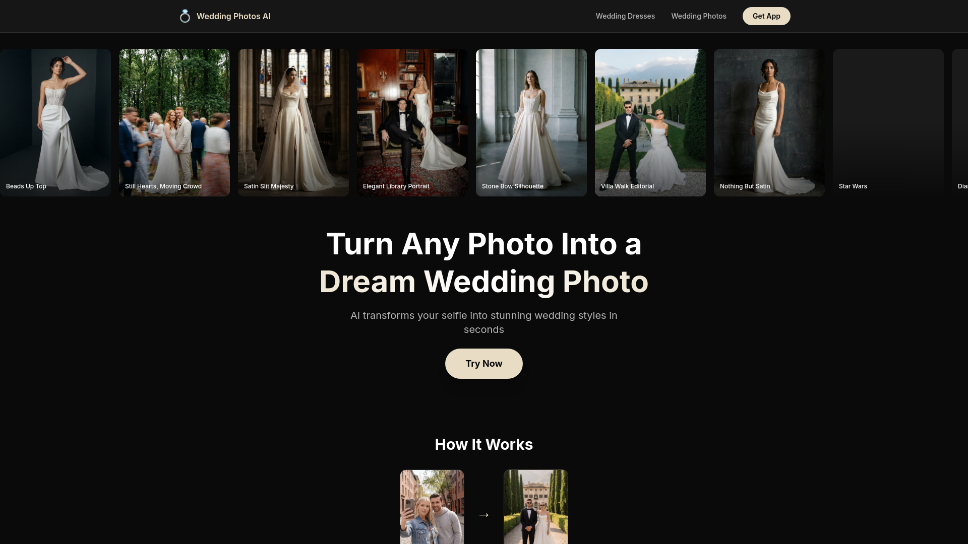 website screenshot of https://wedding-photos-ai.com