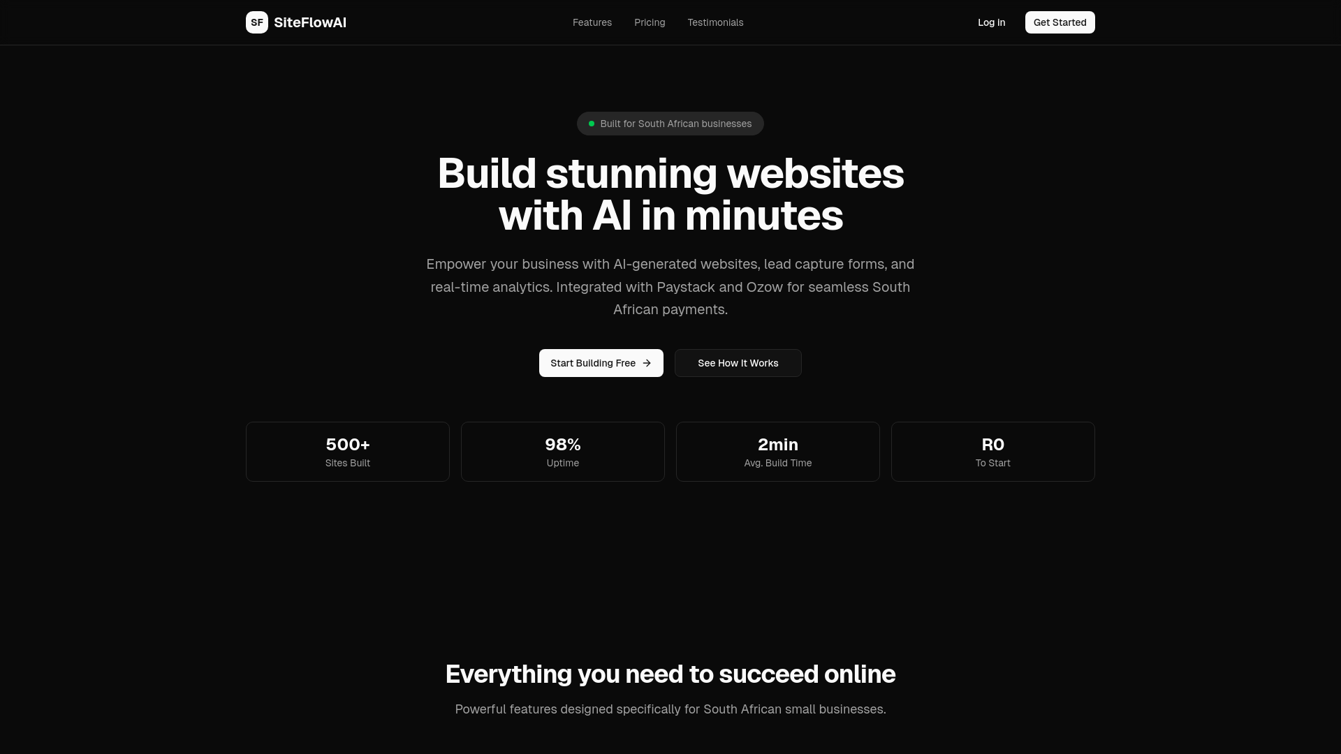 website screenshot of https://siteflowai.co.za/
