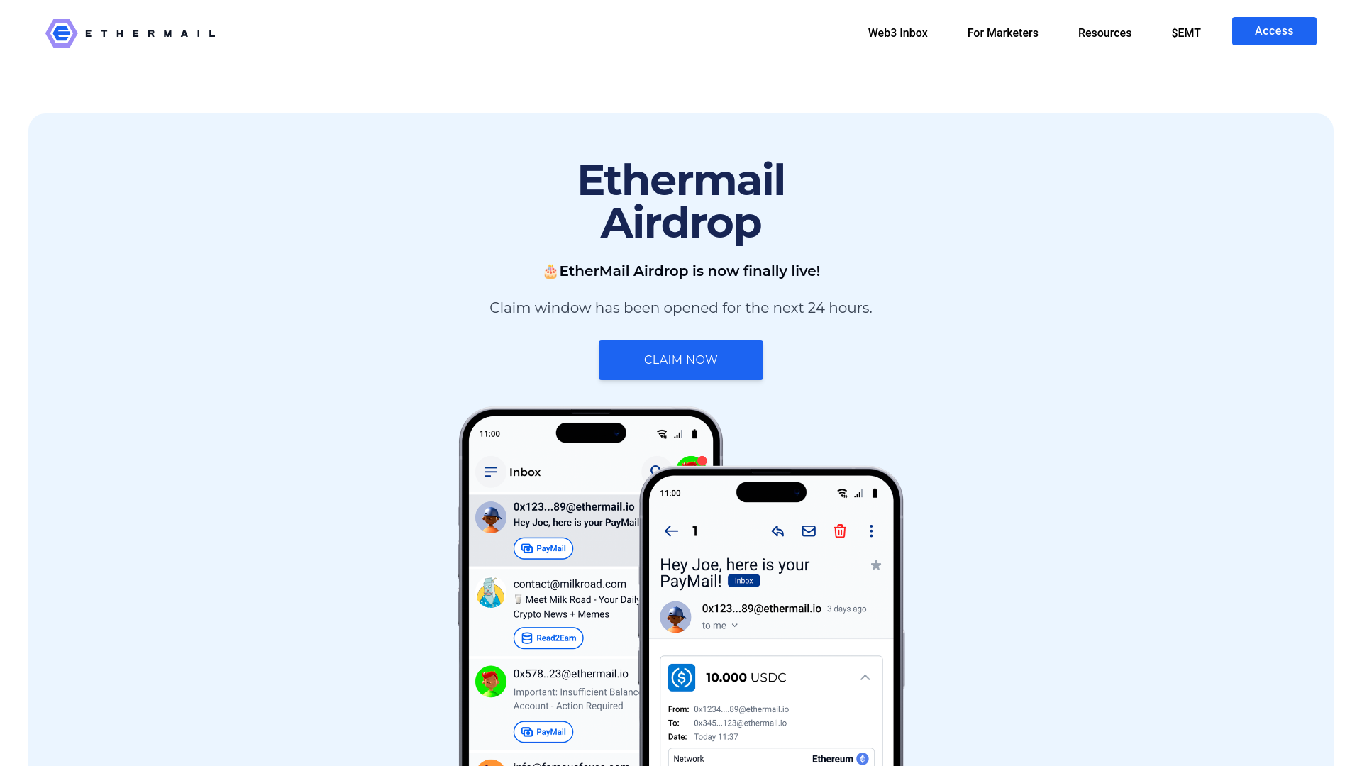 website screenshot of https://ethermail.ch/