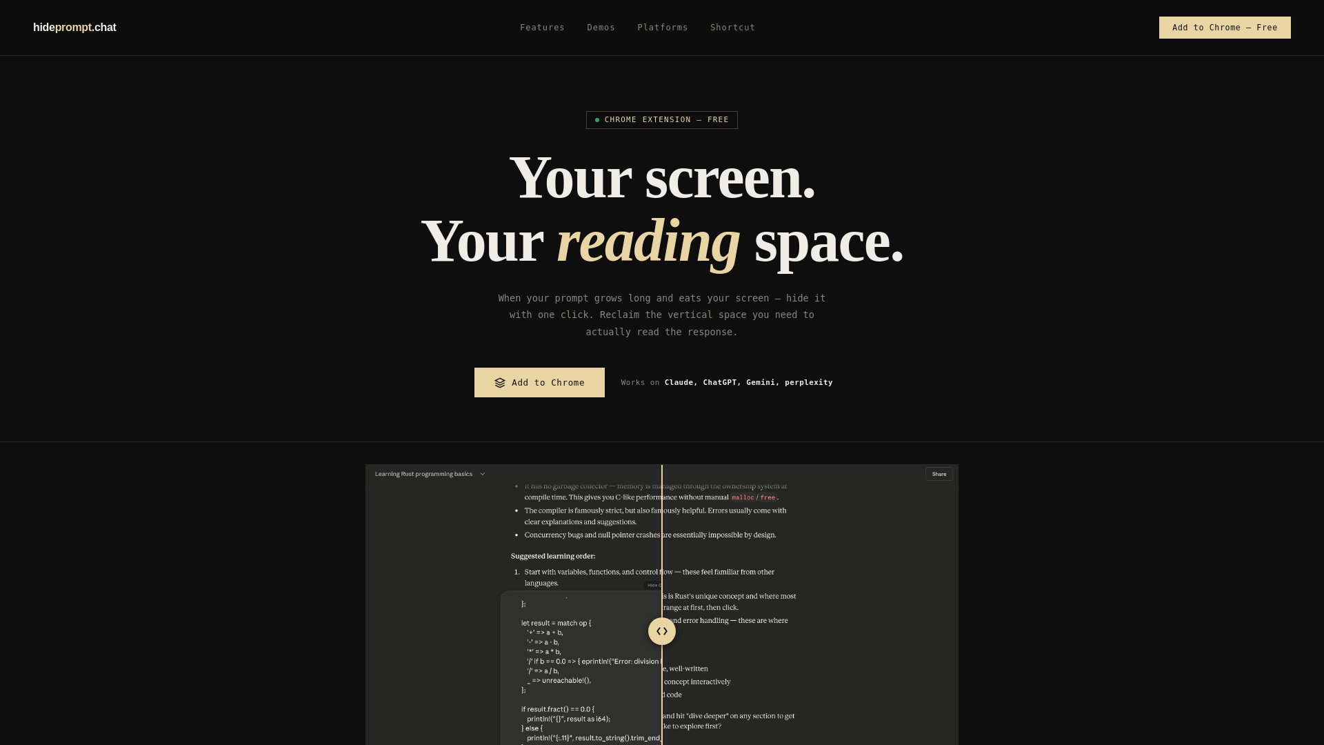 website screenshot of https://hideprompt.chat/