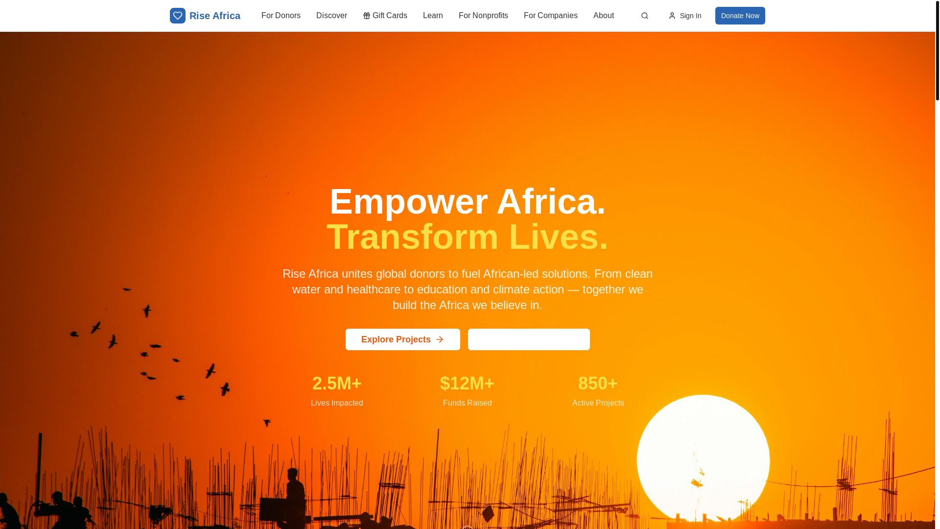 website screenshot of https://riseafricagiving.org/